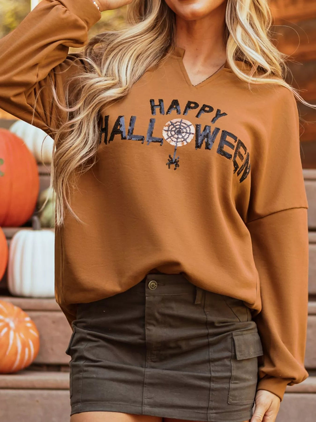 Crowned Energy CO. Terracotta / S Trendsi Sweaters & Cardigans/Cardigans Happy Halloween Graphic Notched Long Sleeve Loose Top