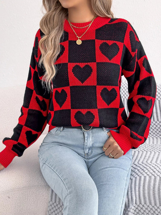 Crowned Energy CO. Black / S Trendsi Sweaters & Cardigans/Cardigans Heart Checkerboard Pattern Round Neck Sweater