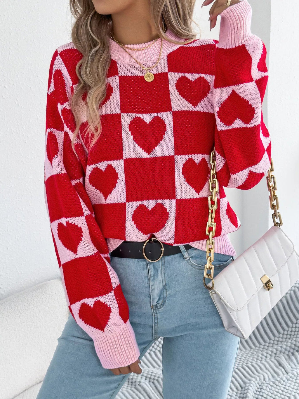 Crowned Energy CO. Black / S Trendsi Sweaters & Cardigans/Cardigans Heart Checkerboard Pattern Round Neck Sweater
