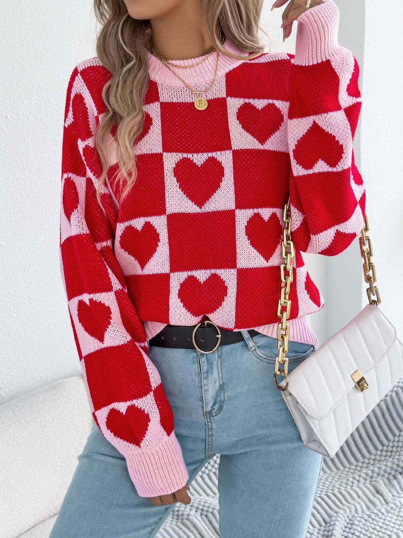 Crowned Energy CO. Black / S Trendsi Sweaters & Cardigans/Cardigans Heart Checkerboard Pattern Round Neck Sweater