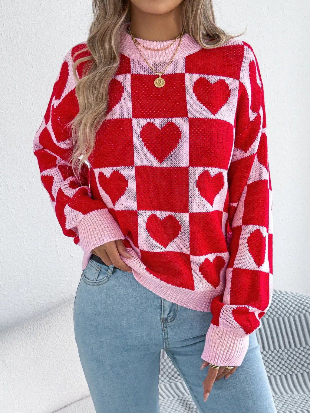 Crowned Energy CO. Black / S Trendsi Sweaters & Cardigans/Cardigans Heart Checkerboard Pattern Round Neck Sweater