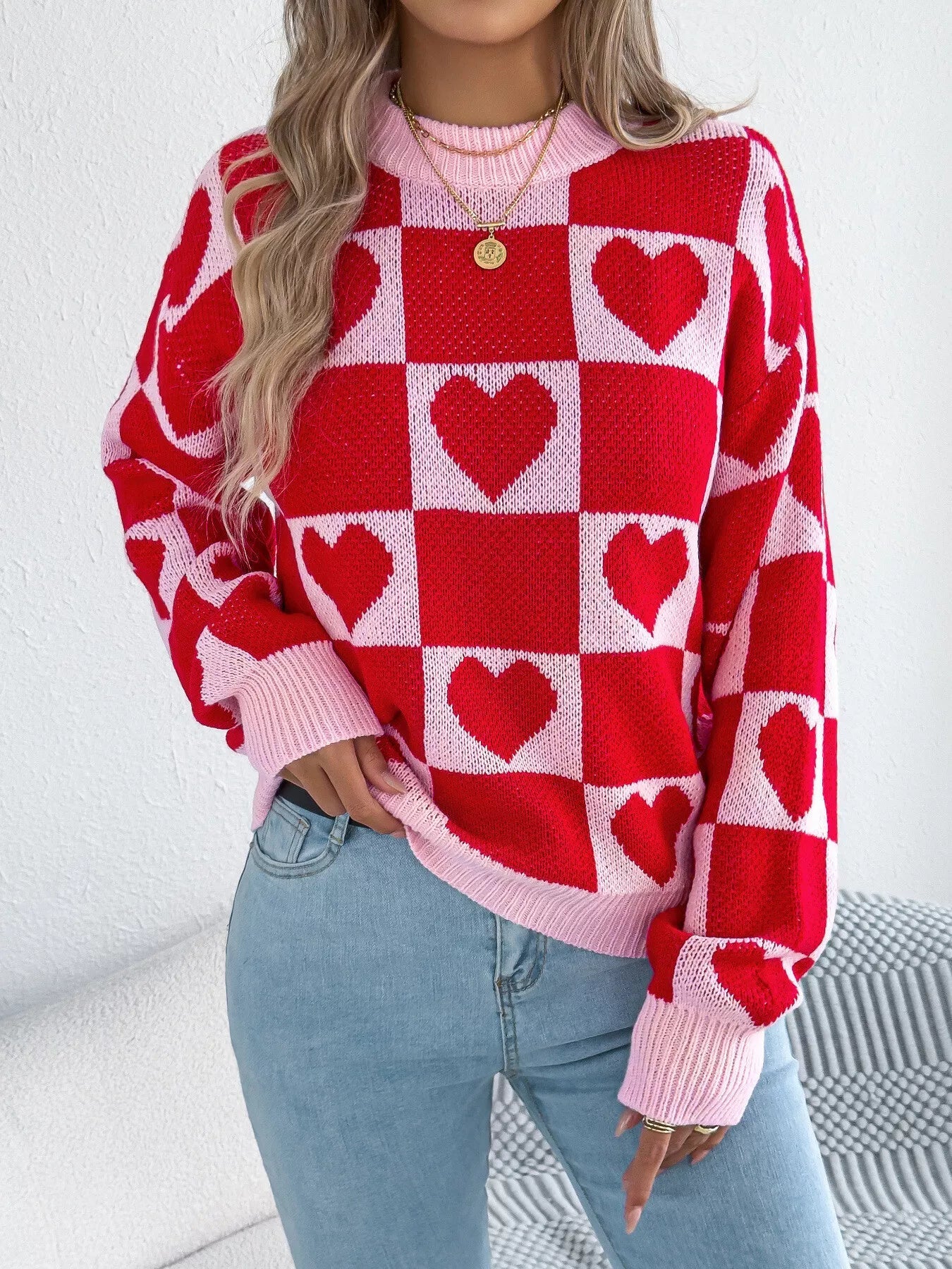 Crowned Energy CO. Black / S Trendsi Sweaters & Cardigans/Cardigans Heart Checkerboard Pattern Round Neck Sweater