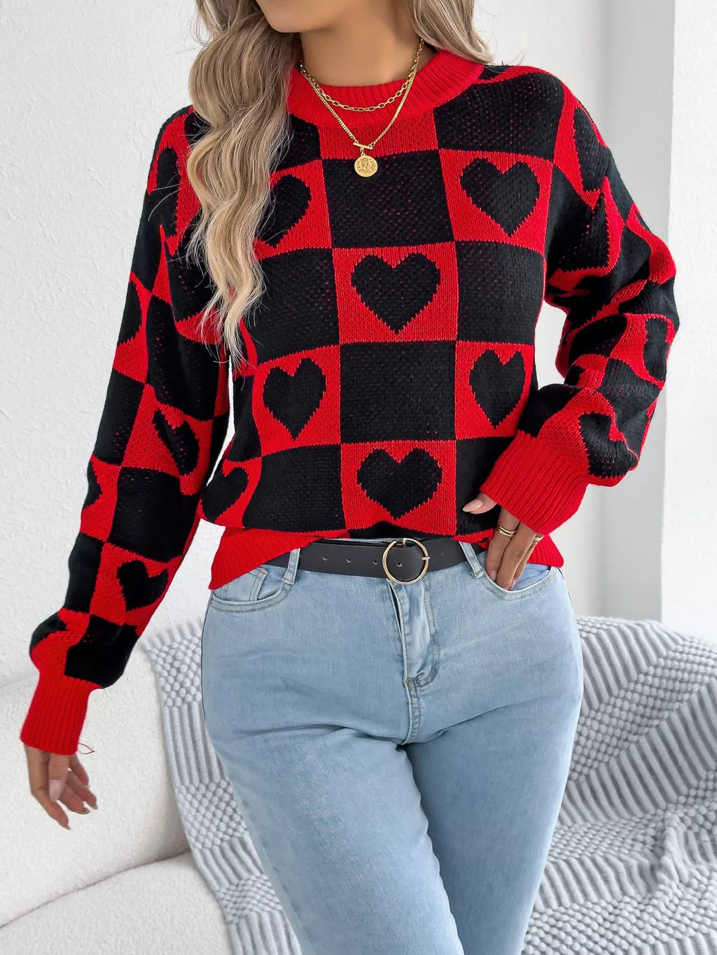 Crowned Energy CO. Black / S Trendsi Sweaters & Cardigans/Cardigans Heart Checkerboard Pattern Round Neck Sweater