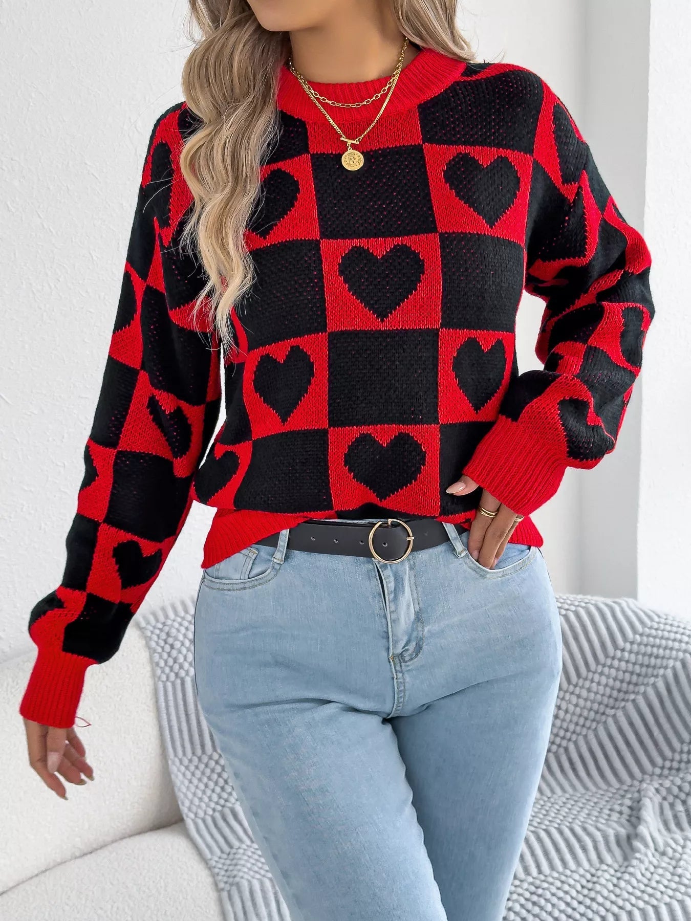 Crowned Energy CO. Black / S Trendsi Sweaters & Cardigans/Cardigans Heart Checkerboard Pattern Round Neck Sweater
