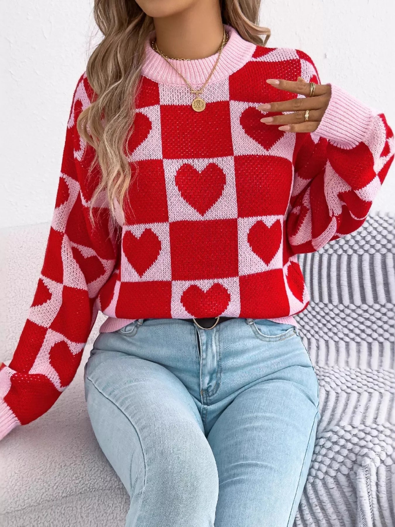 Crowned Energy CO. Black / S Trendsi Sweaters & Cardigans/Cardigans Heart Checkerboard Pattern Round Neck Sweater