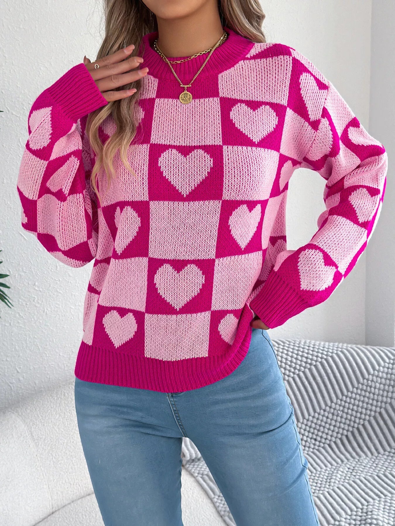 Crowned Energy CO. Pink / S Trendsi Sweaters & Cardigans/Cardigans Heart Checkerboard Pattern Round Neck Sweater