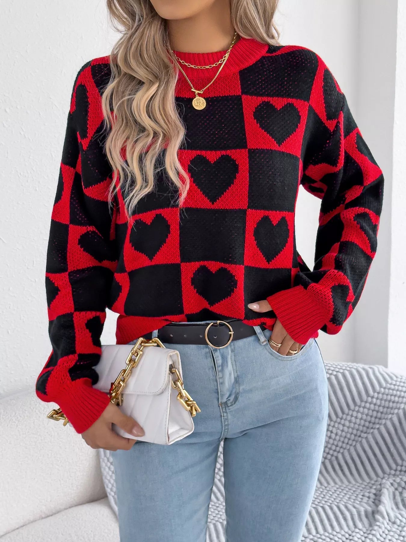 Crowned Energy CO. Black / S Trendsi Sweaters & Cardigans/Cardigans Heart Checkerboard Pattern Round Neck Sweater