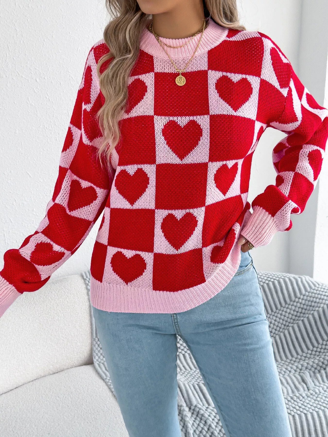 Crowned Energy CO. Red / S Trendsi Sweaters & Cardigans/Cardigans Heart Checkerboard Pattern Round Neck Sweater
