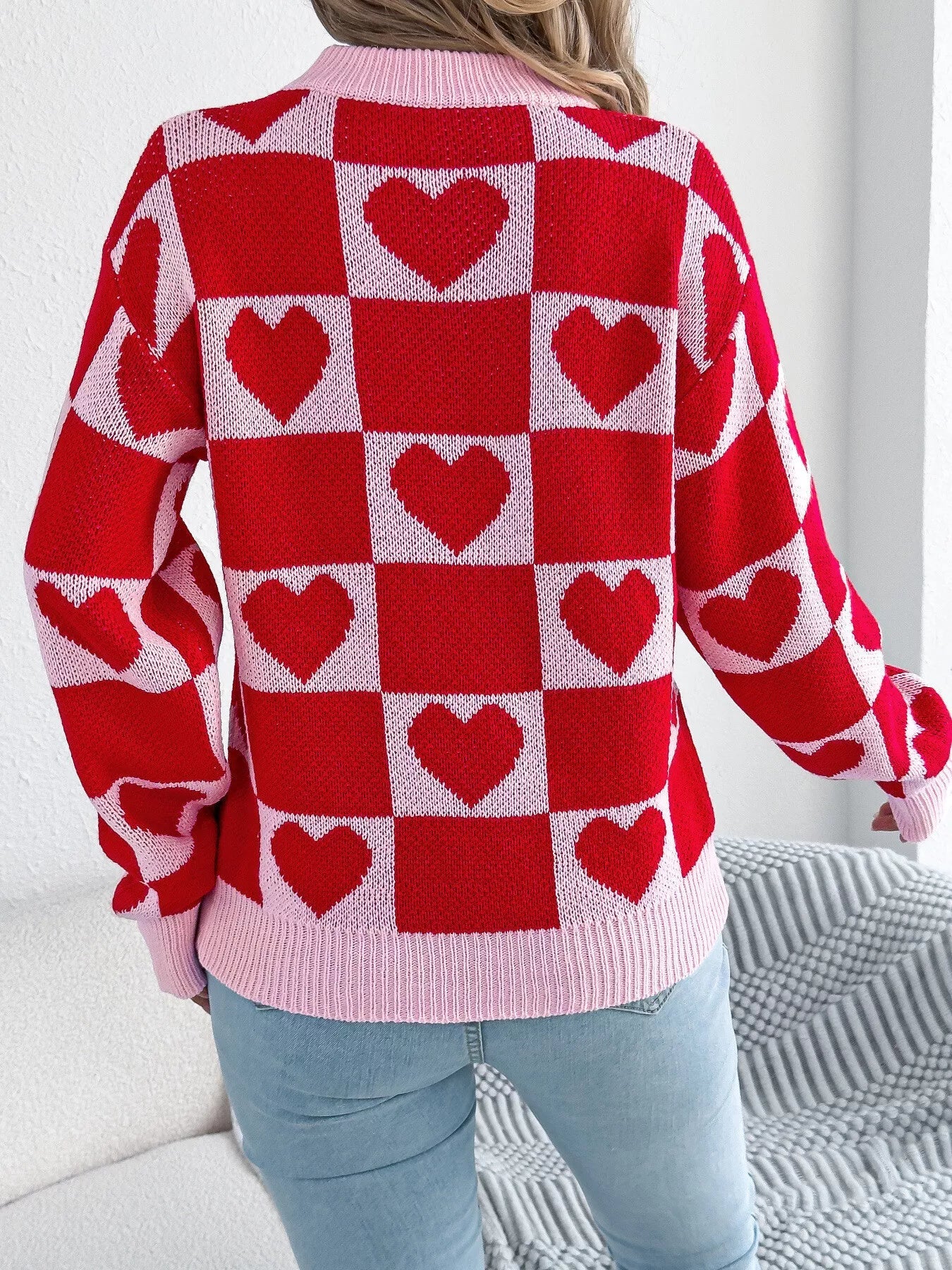 Crowned Energy CO. Black / S Trendsi Sweaters & Cardigans/Cardigans Heart Checkerboard Pattern Round Neck Sweater