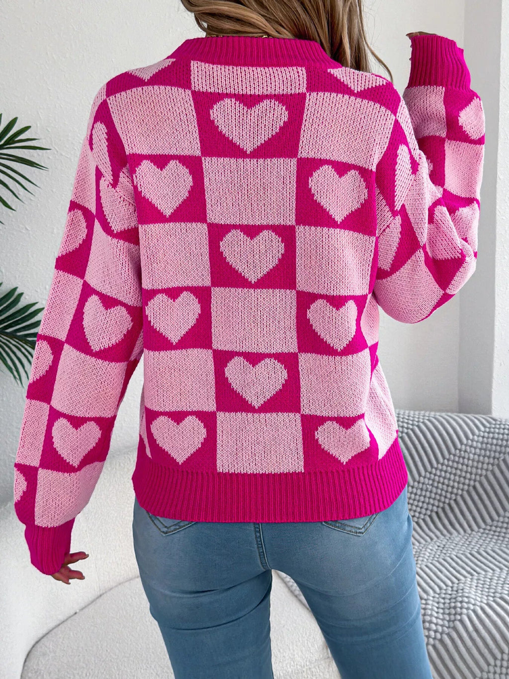 Crowned Energy CO. Black / S Trendsi Sweaters & Cardigans/Cardigans Heart Checkerboard Pattern Round Neck Sweater