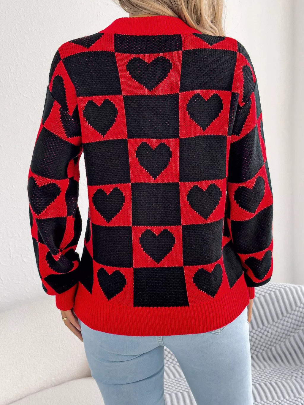 Crowned Energy CO. Black / S Trendsi Sweaters & Cardigans/Cardigans Heart Checkerboard Pattern Round Neck Sweater
