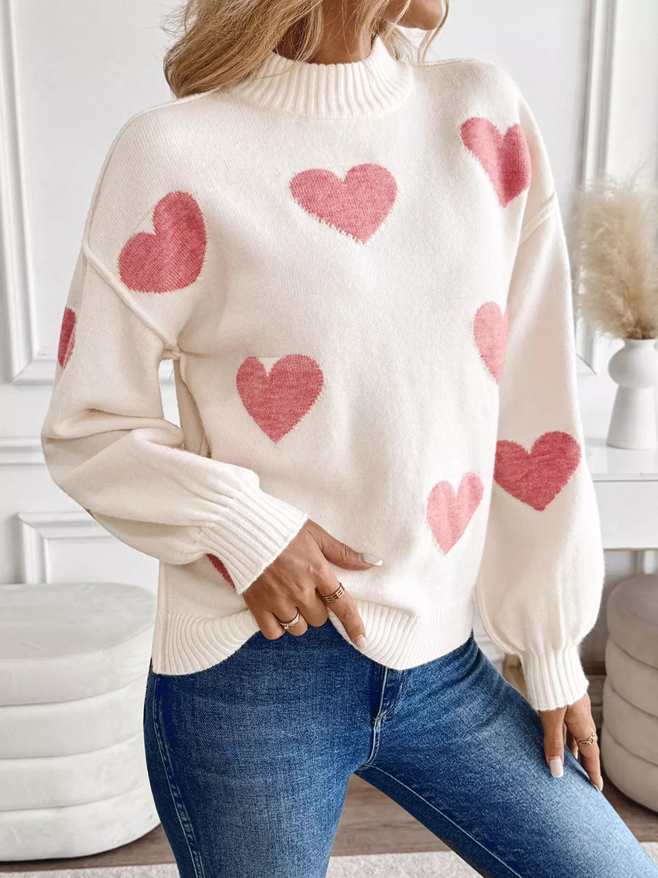 Heart Mock Neck Long Sleeve Sweater - Crowned Energy CO.