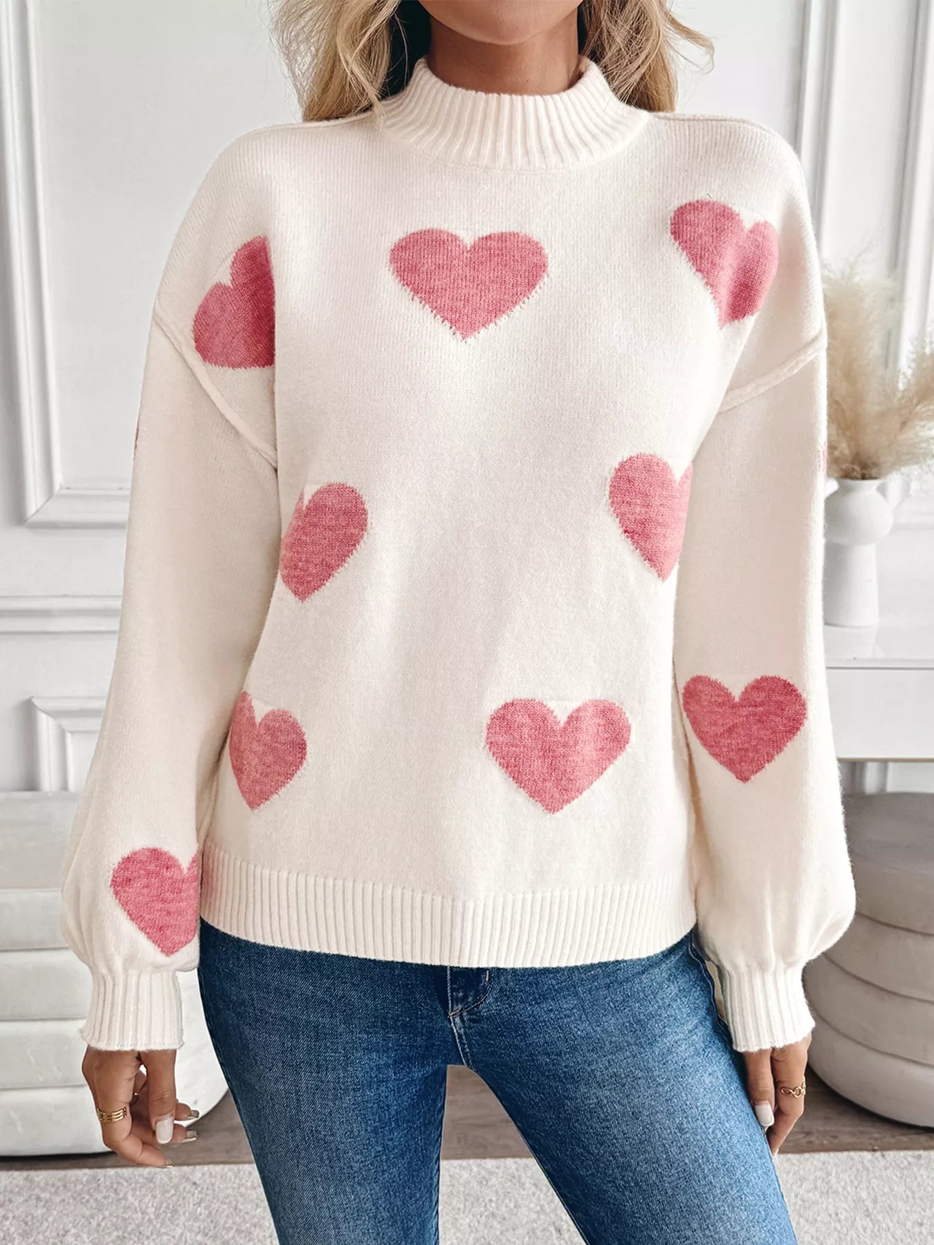 Heart Mock Neck Long Sleeve Sweater - Crowned Energy CO.