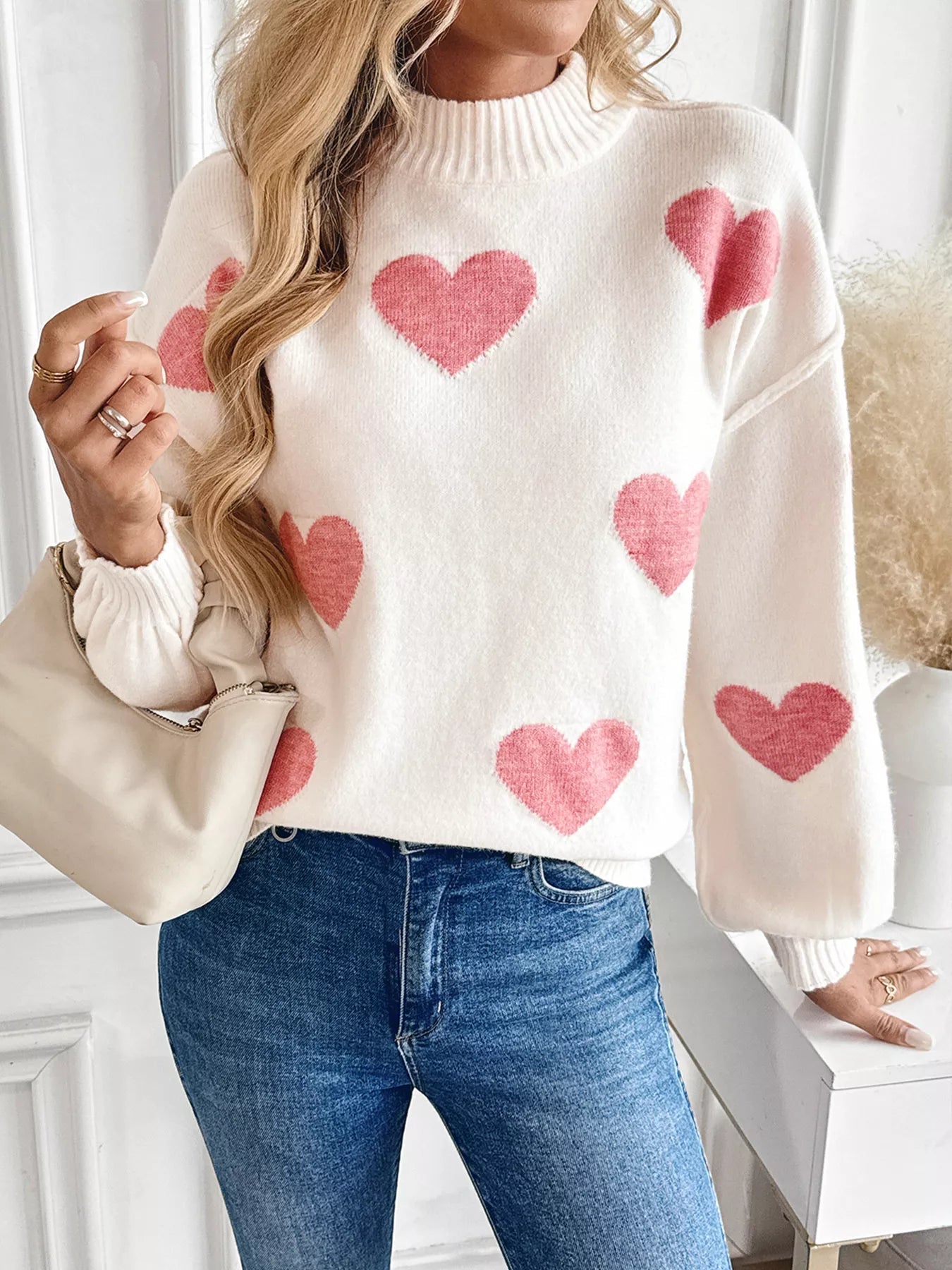Heart Mock Neck Long Sleeve Sweater - Crowned Energy CO.