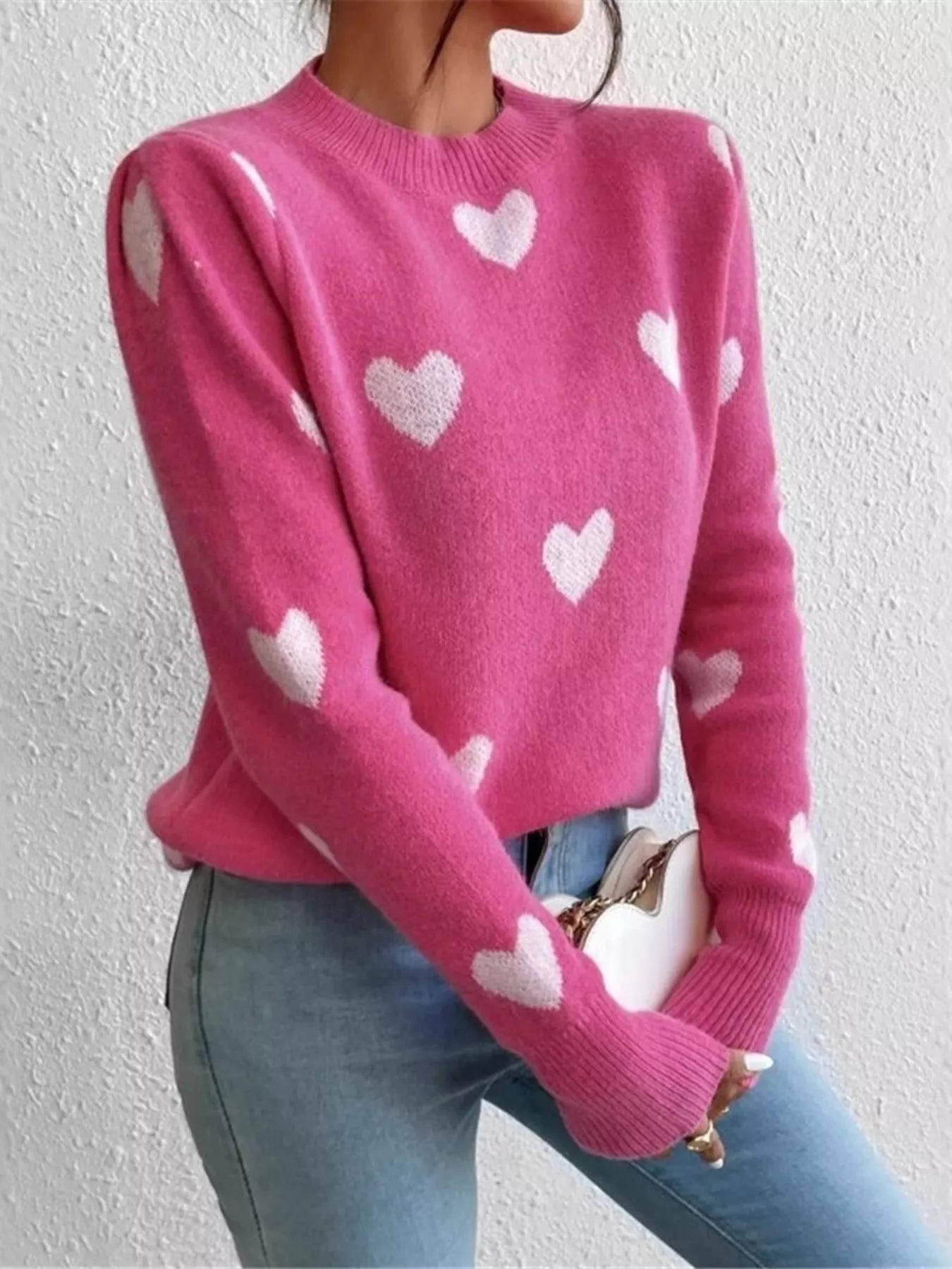 Crowned Energy CO. Hot Pink / S Trendsi Sweaters & Cardigans/Cardigans Heart Pattern Round Neck Sweater