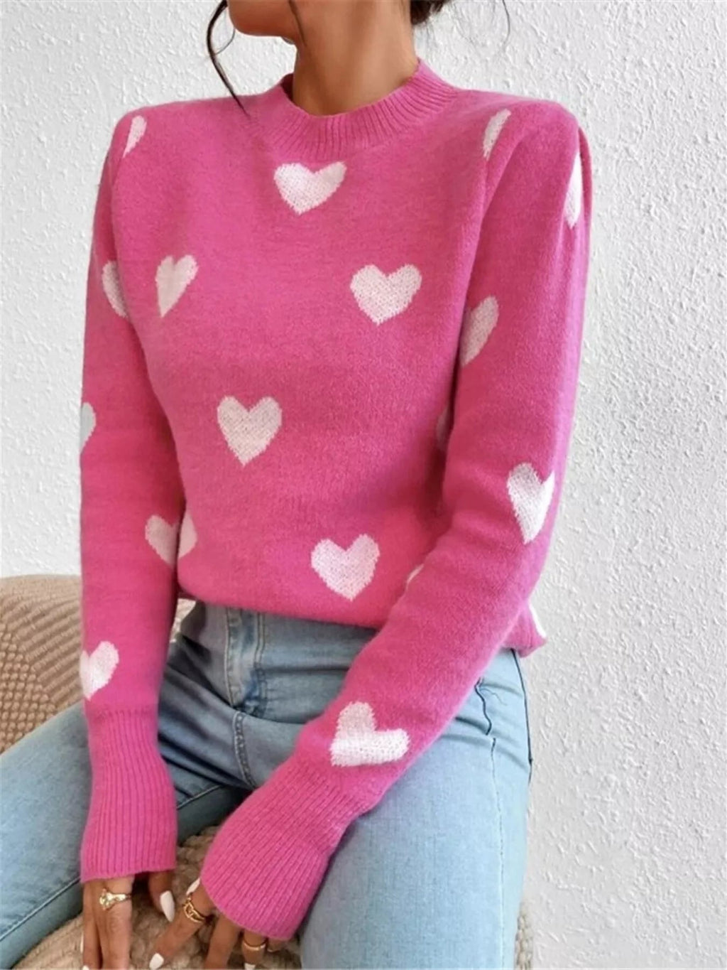 Crowned Energy CO. Hot Pink / S Trendsi Sweaters & Cardigans/Cardigans Heart Pattern Round Neck Sweater