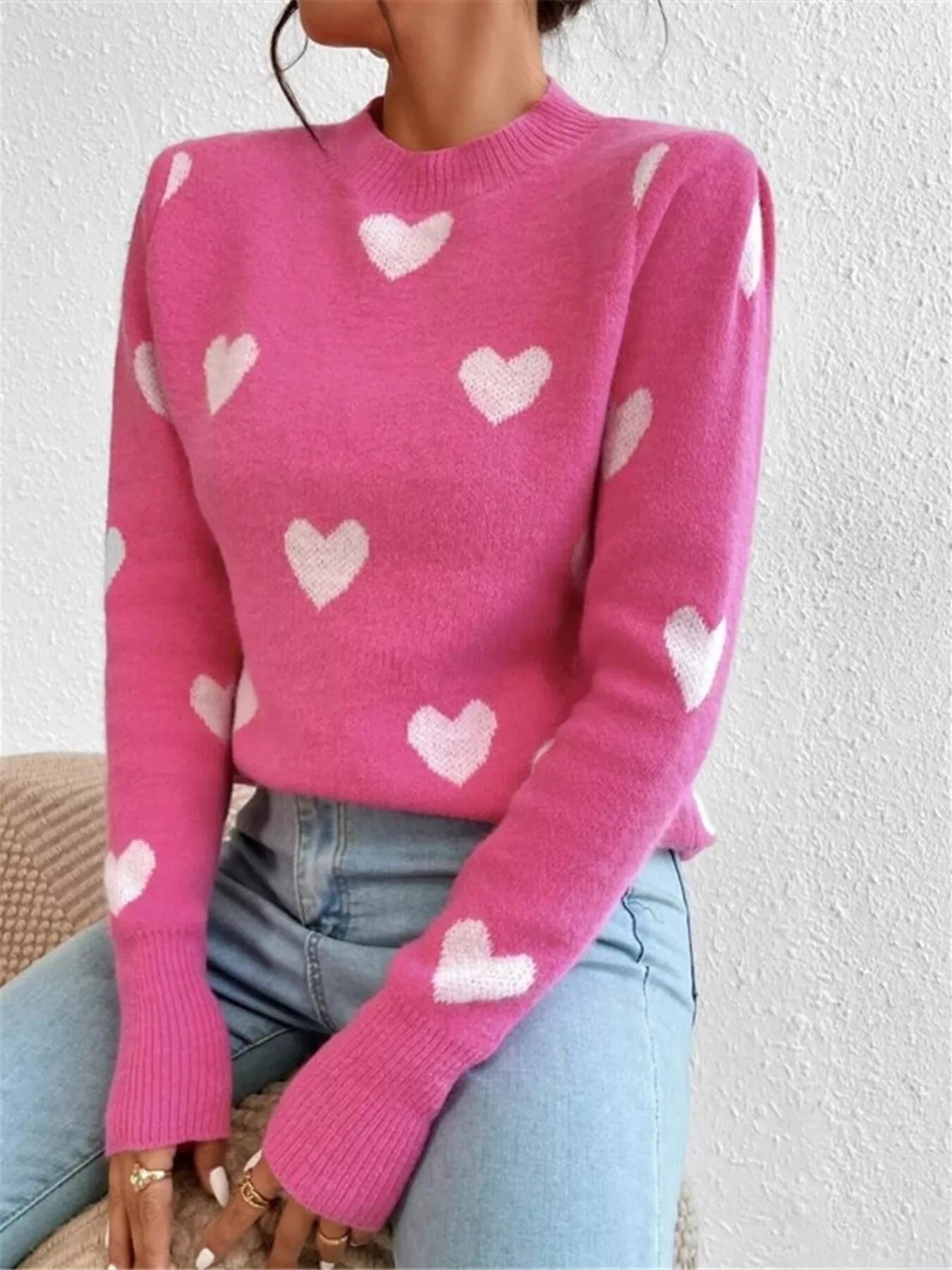 Crowned Energy CO. Hot Pink / S Trendsi Sweaters & Cardigans/Cardigans Heart Pattern Round Neck Sweater