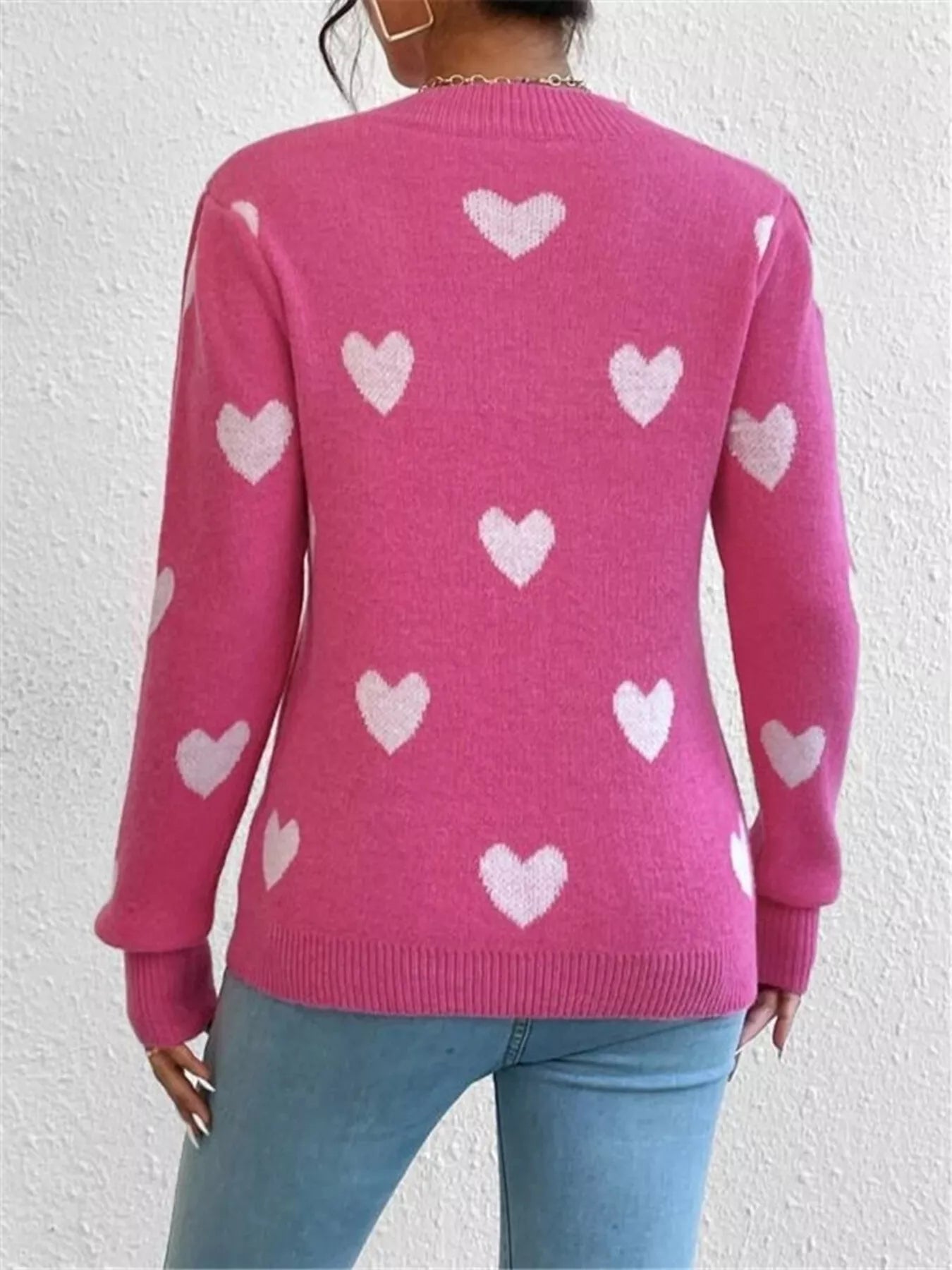 Crowned Energy CO. Hot Pink / S Trendsi Sweaters & Cardigans/Cardigans Heart Pattern Round Neck Sweater