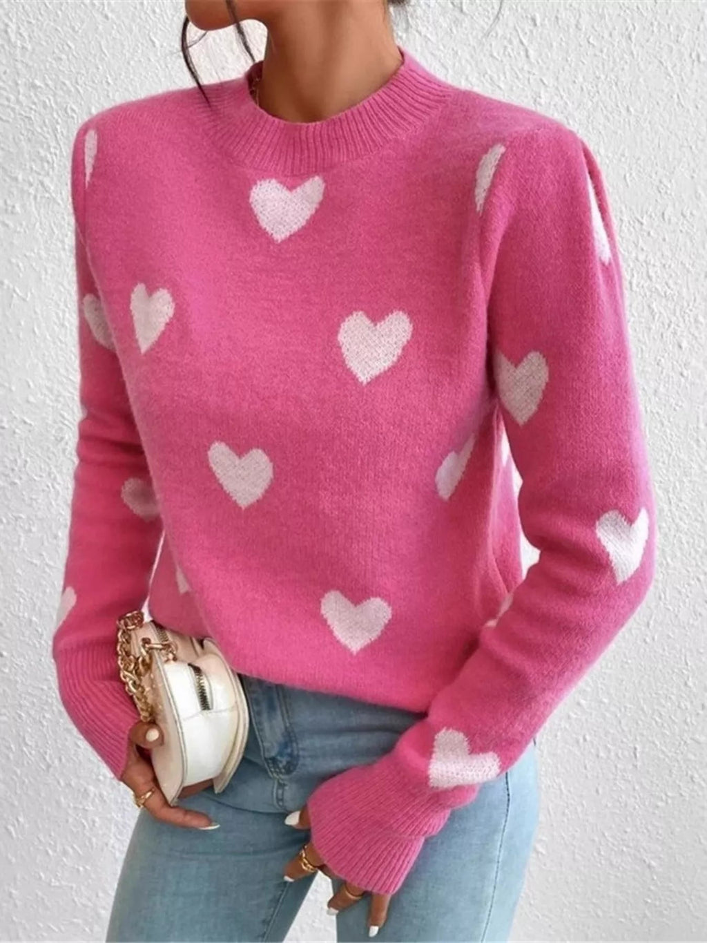 Crowned Energy CO. Hot Pink / S Trendsi Sweaters & Cardigans/Cardigans Heart Pattern Round Neck Sweater