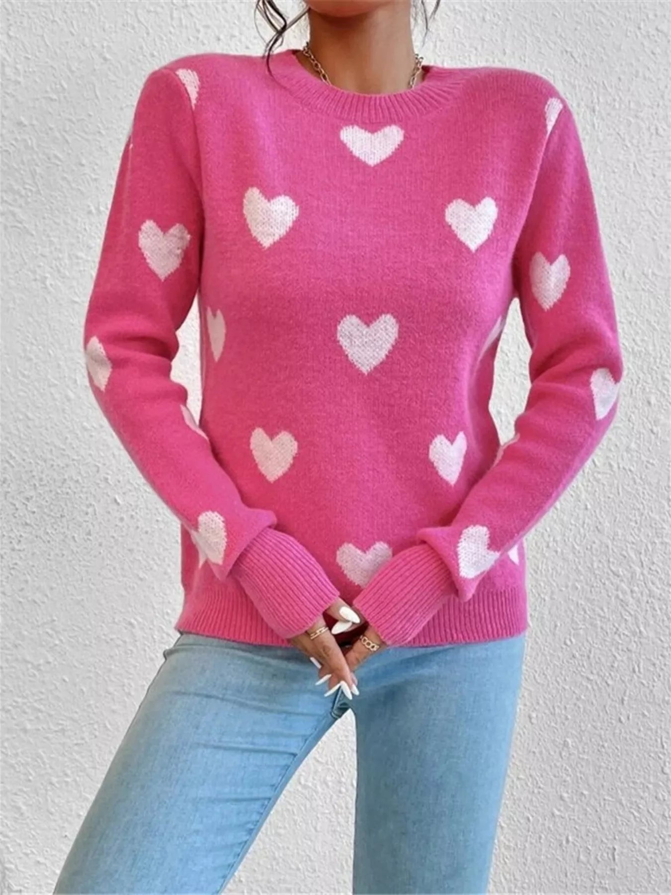 Crowned Energy CO. Hot Pink / S Trendsi Sweaters & Cardigans/Cardigans Heart Pattern Round Neck Sweater