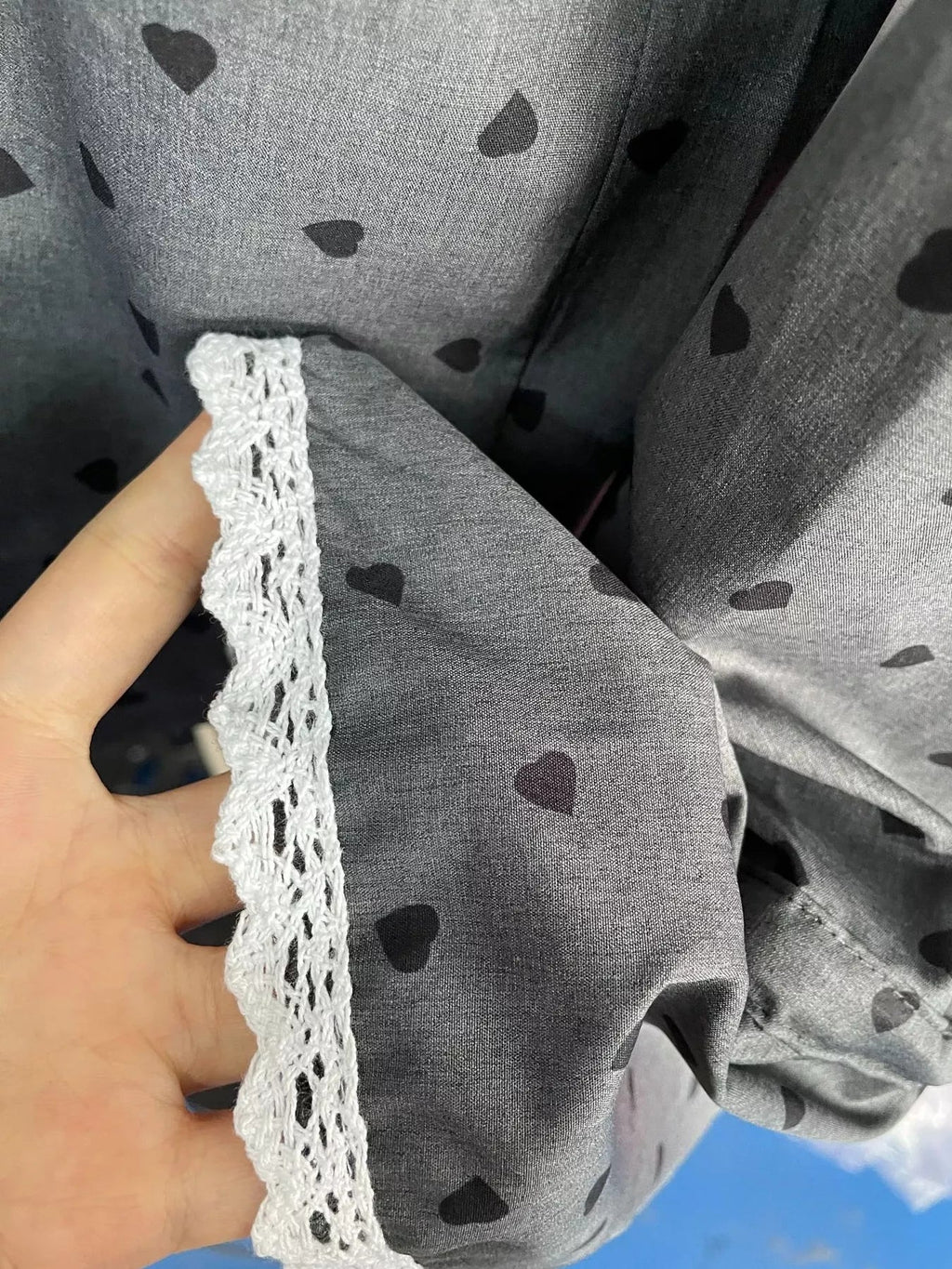 Crowned Energy CO. Dark Gray / S Trendsi Shirt Heart Print Button Up Flounce Sleeve Shirt