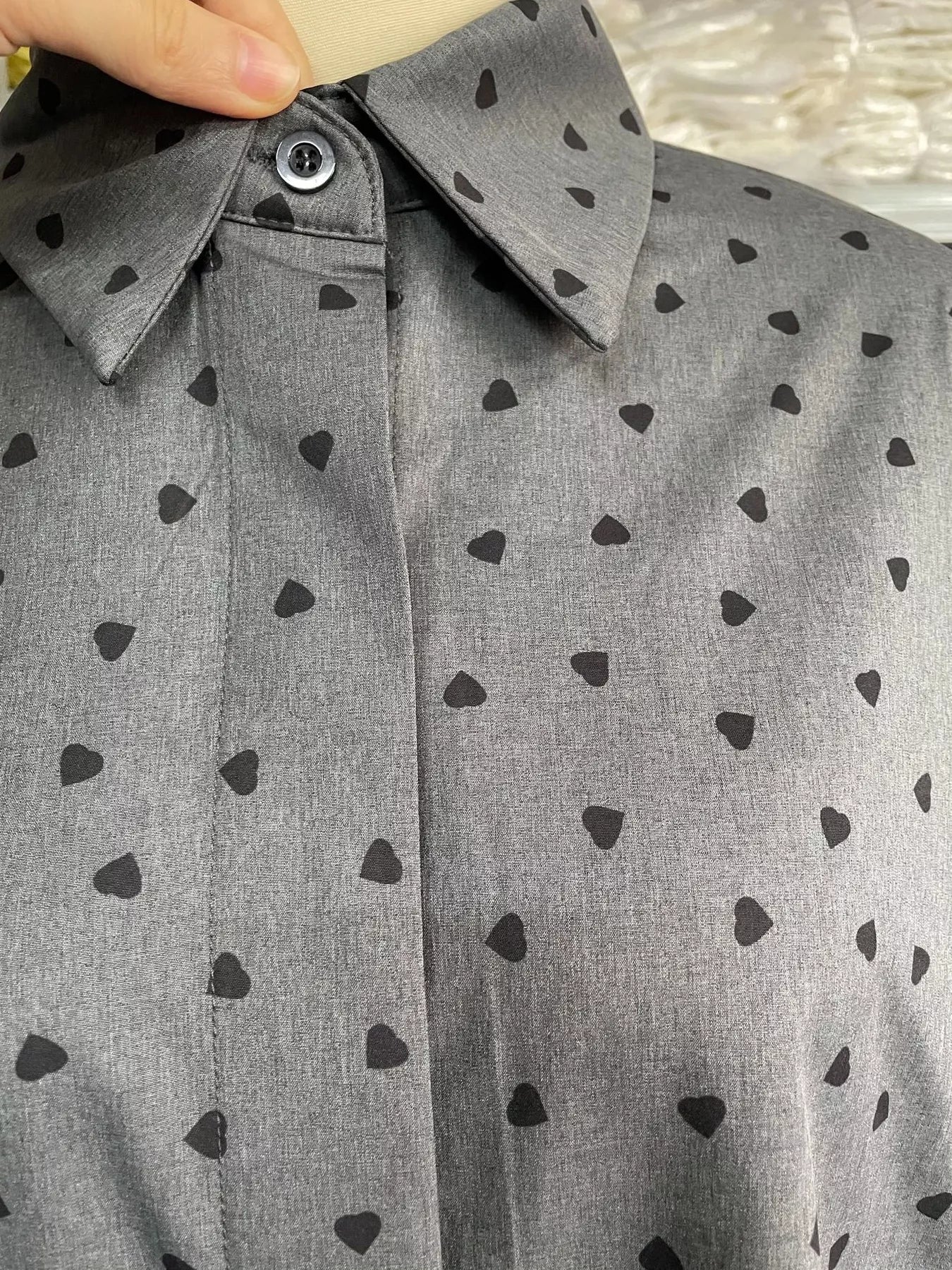 Crowned Energy CO. Dark Gray / S Trendsi Shirt Heart Print Button Up Flounce Sleeve Shirt