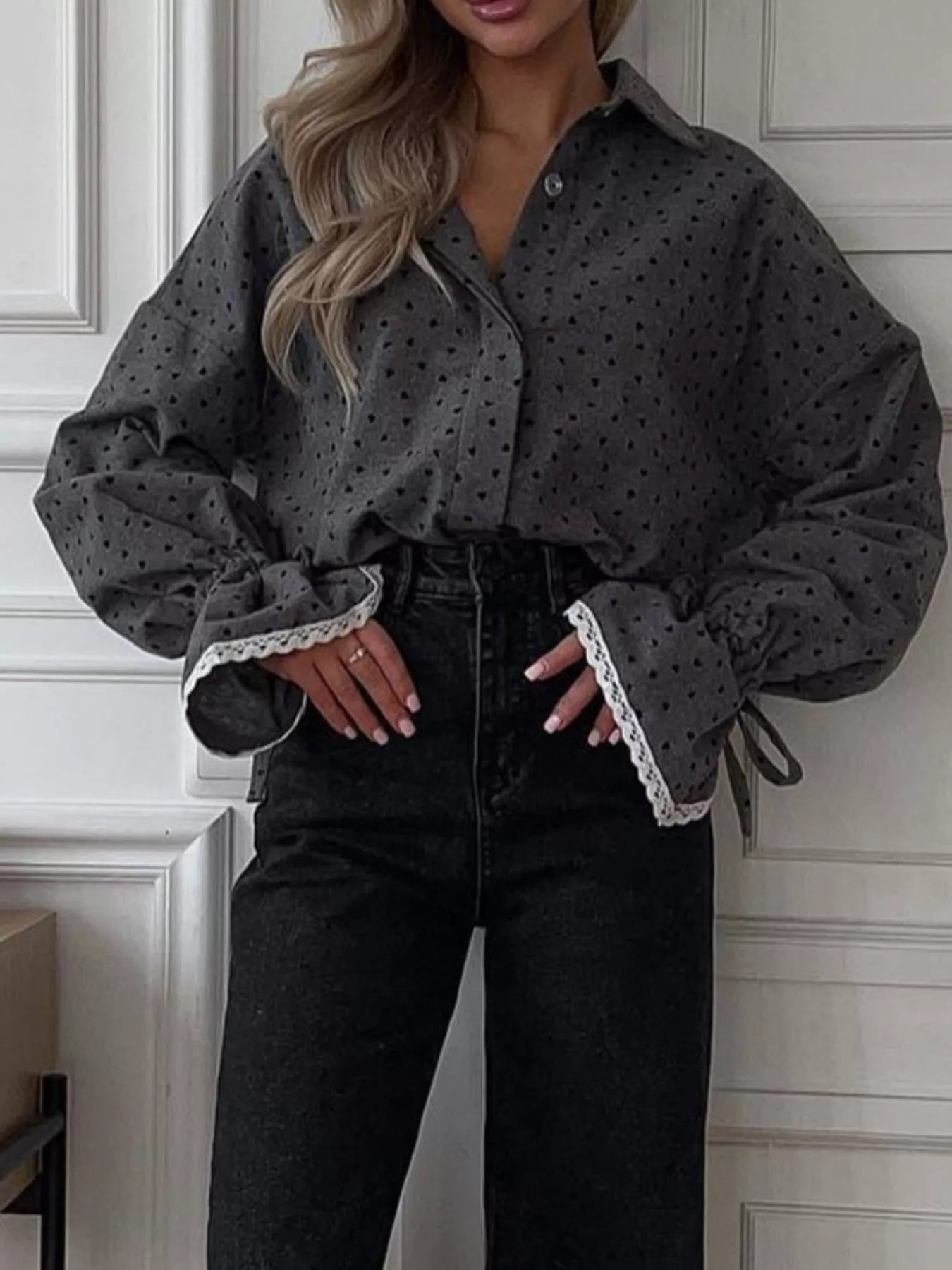 Crowned Energy CO. Dark Gray / S Trendsi Shirt Heart Print Button Up Flounce Sleeve Shirt