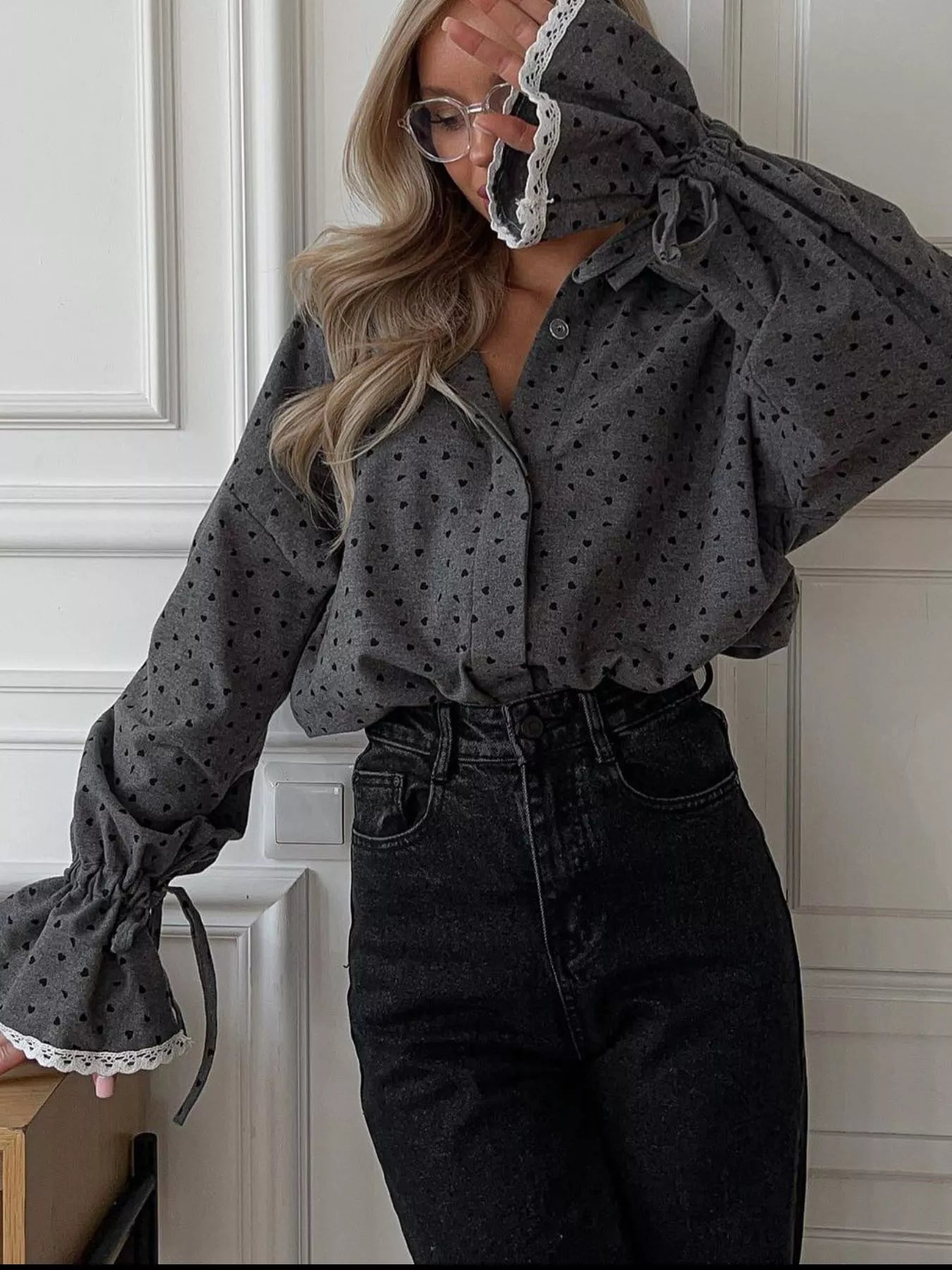 Crowned Energy CO. Dark Gray / S Trendsi Shirt Heart Print Button Up Flounce Sleeve Shirt