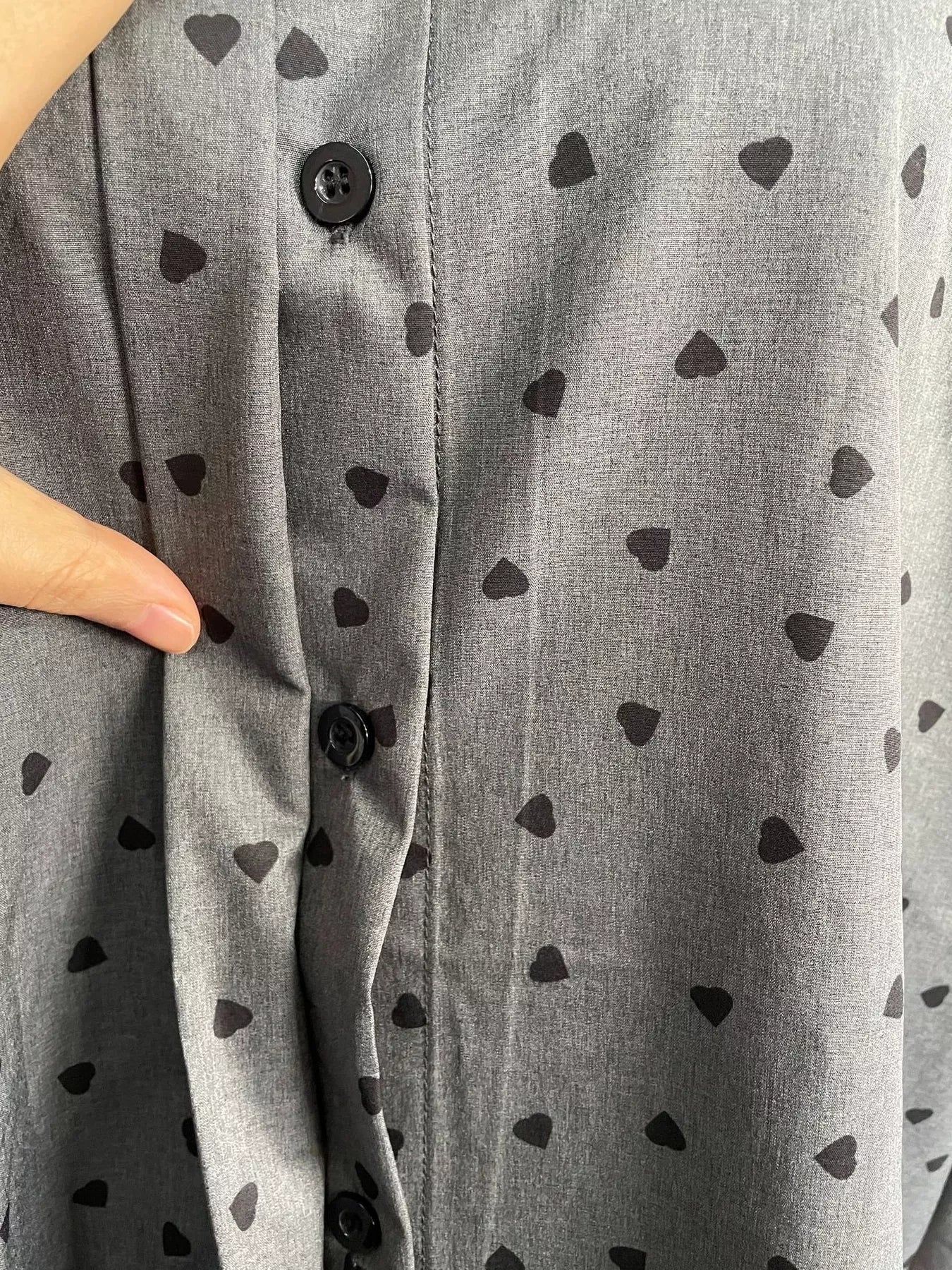 Crowned Energy CO. Dark Gray / S Trendsi Shirt Heart Print Button Up Flounce Sleeve Shirt