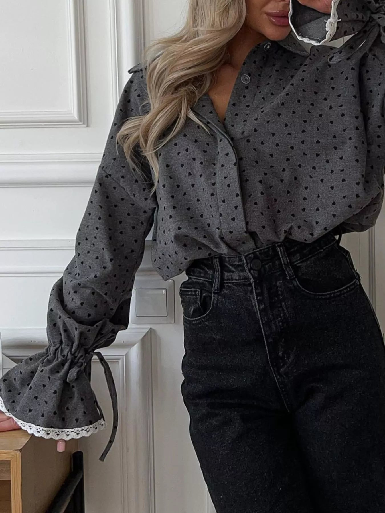 Crowned Energy CO. Dark Gray / S Trendsi Shirt Heart Print Button Up Flounce Sleeve Shirt