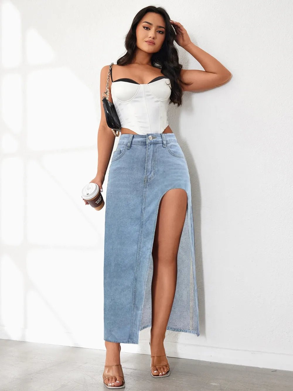 High Rise Slit Denim Skirt - Crowned Energy CO.