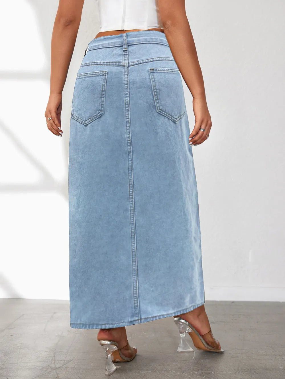 High Rise Slit Denim Skirt - Crowned Energy CO.