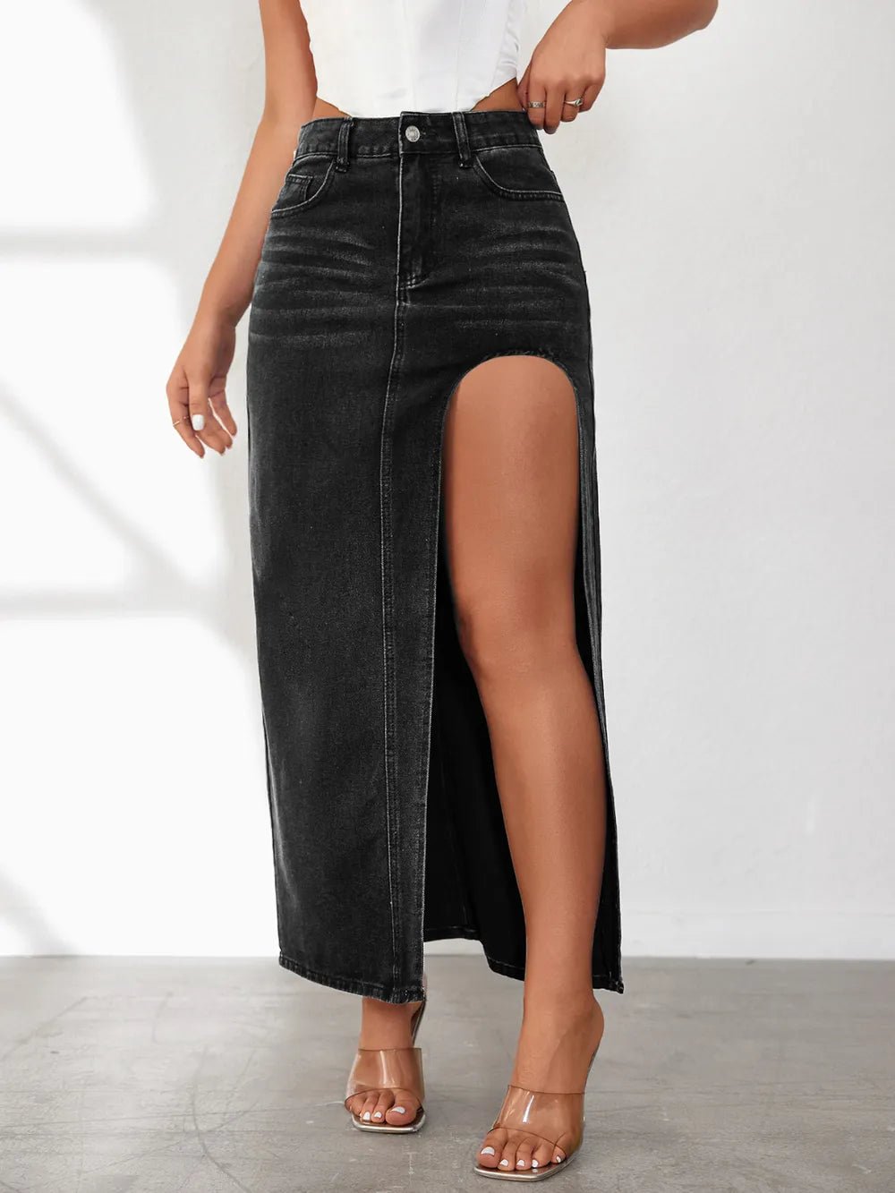 High Rise Slit Denim Skirt - Crowned Energy CO.