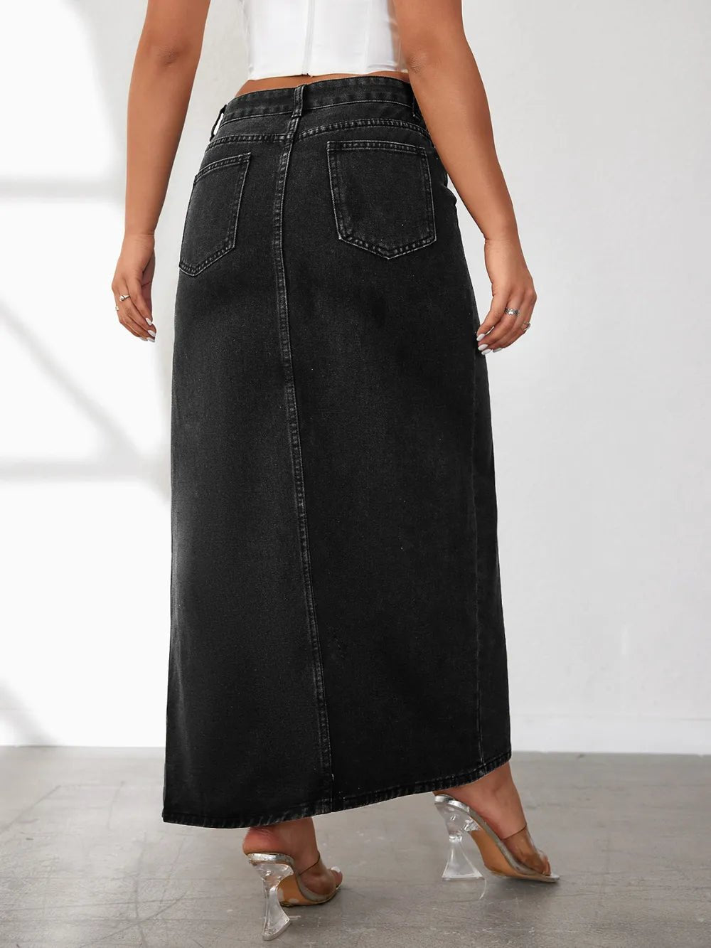 High Rise Slit Denim Skirt - Crowned Energy CO.