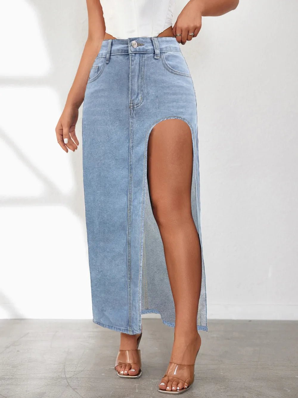 High Rise Slit Denim Skirt - Crowned Energy CO.