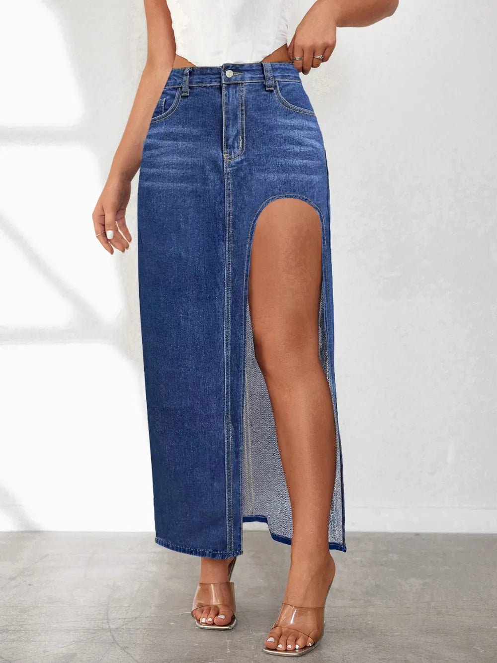 High Rise Slit Denim Skirt - Crowned Energy CO.