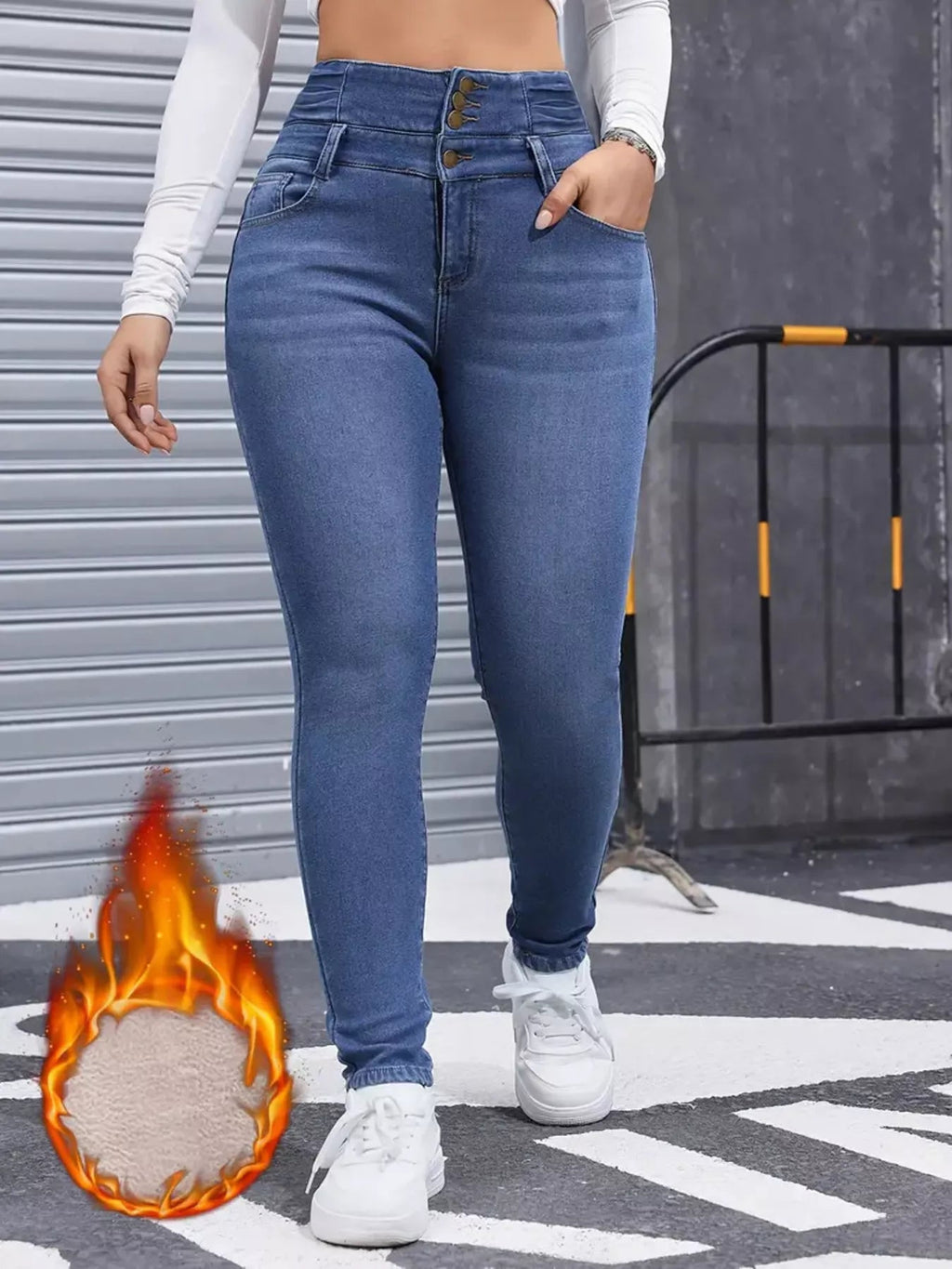 High - Waisted Slim Fit Fleece - Lined Jeans - Crowned Energy CO.