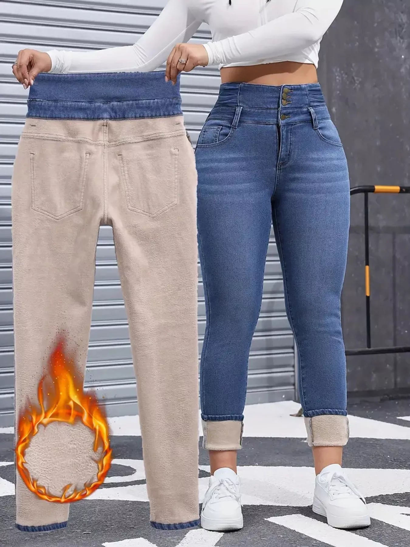 High - Waisted Slim Fit Fleece - Lined Jeans - Crowned Energy CO.