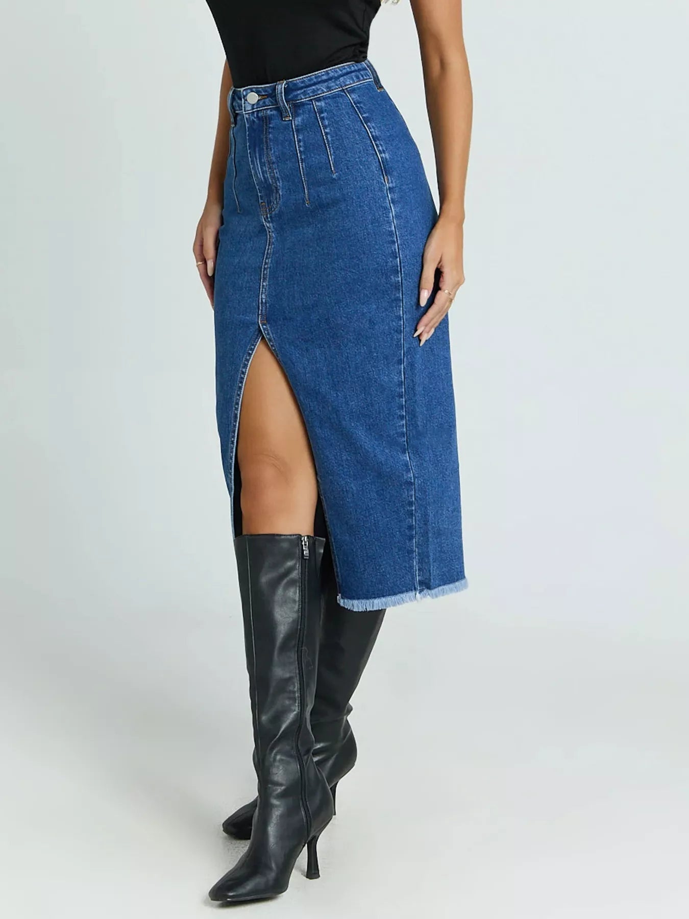 High - Waisted Slit Denim Skirt - Crowned Energy CO.