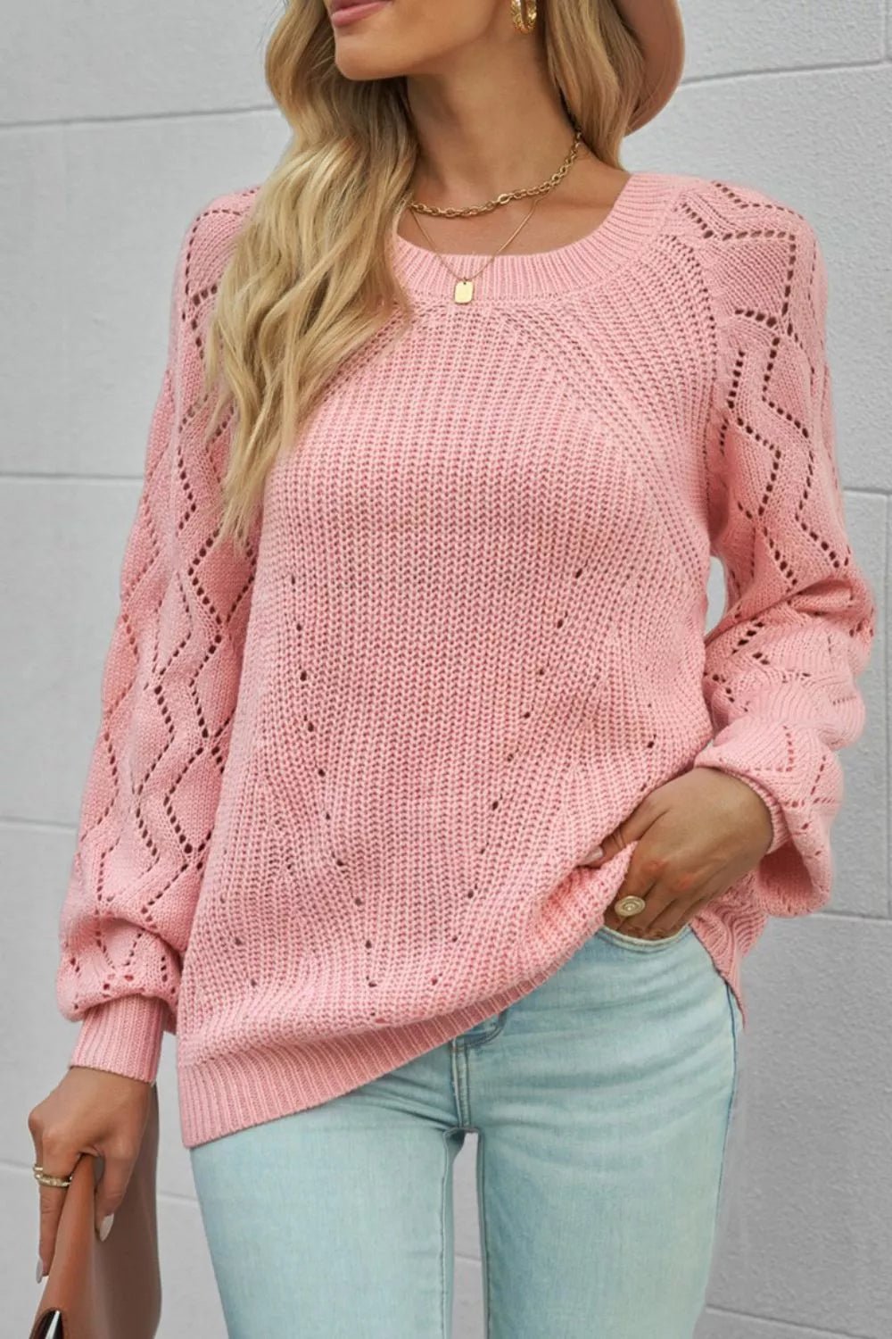 Hollow - Out Puffy Sleeve Knit Sweater - Crowned Energy CO.