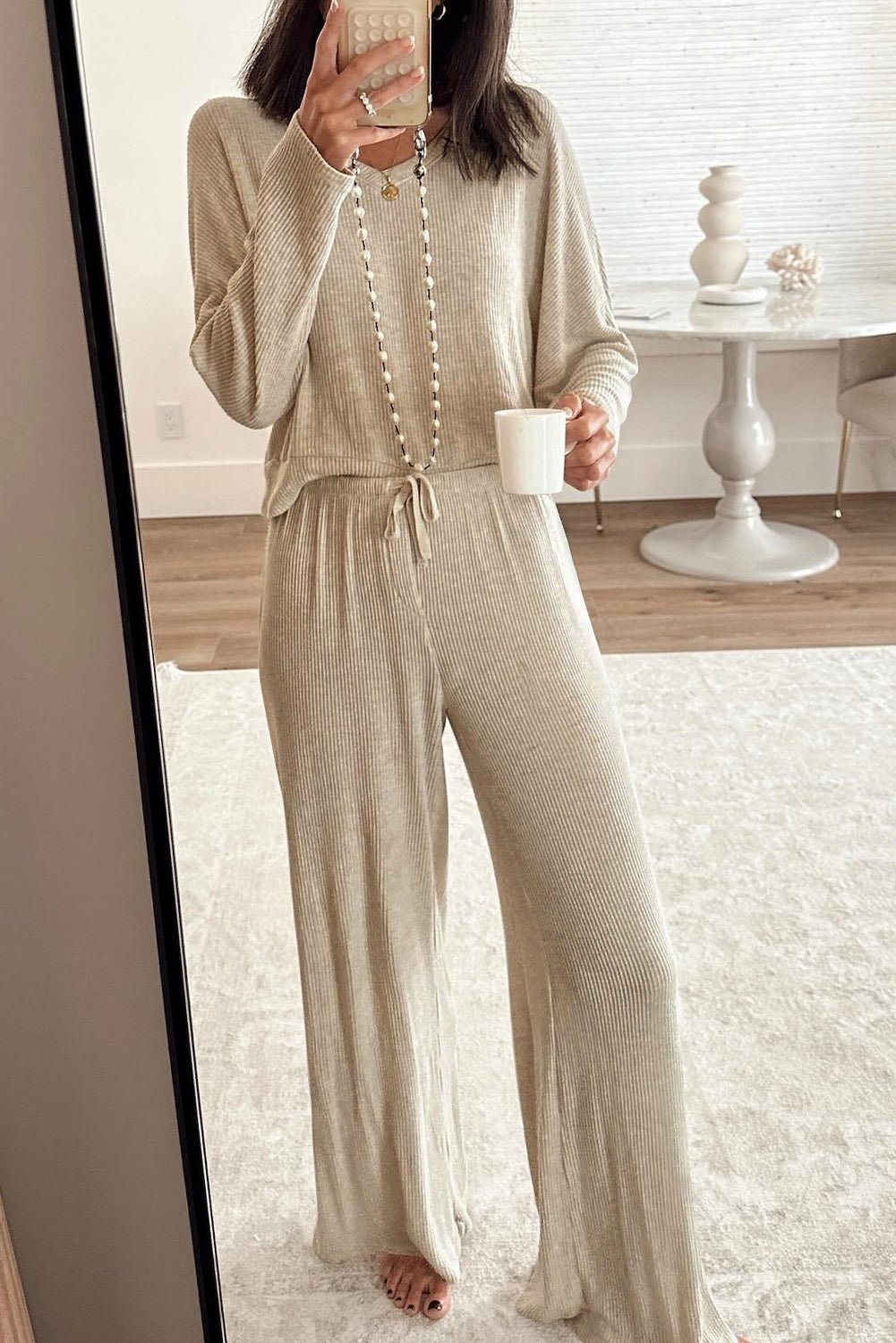 Jet Stream 3D Ribbed V Neck Pullover Drawstring Pants 2 Piece Lounge Set - Crowned Energy CO.