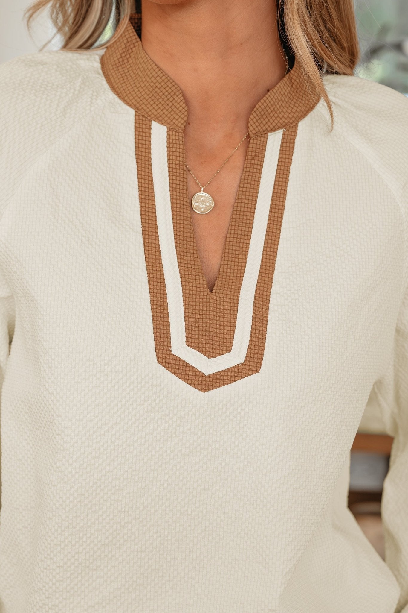 Jet Stream Color Block Patchwork Detail V Neck Textured Long Sleeve Blouse - Crowned Energy CO.