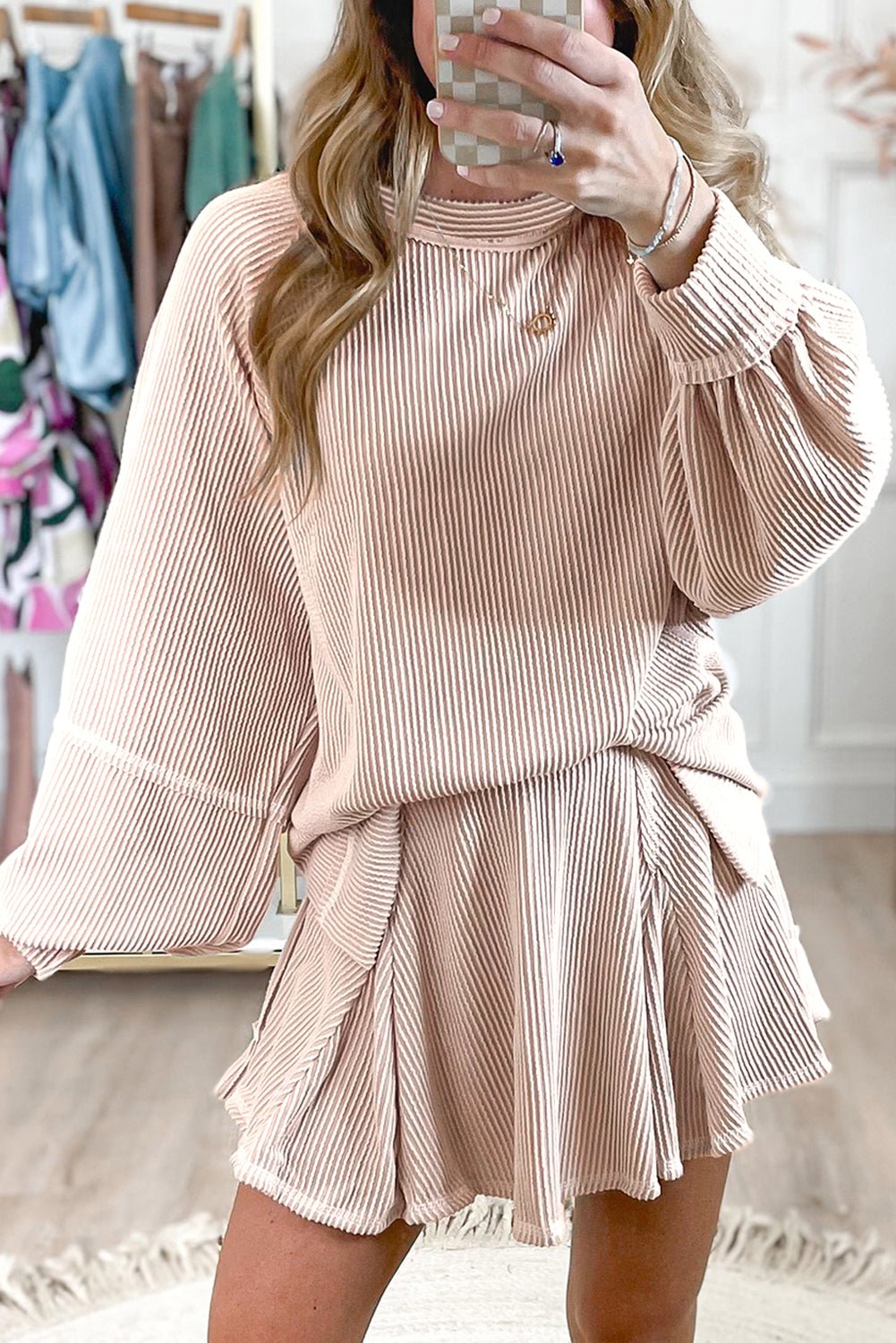 Crowned Energy CO. Jet Stream / S / 75%Polyester+20%Viscose+5%Elastane Dear-Lover Dropshipping Two Piece Sets/Two Piece Dresses Jet Stream Corded Lantern Sleeve Top High Waist Ruffled Mini Skirt Set