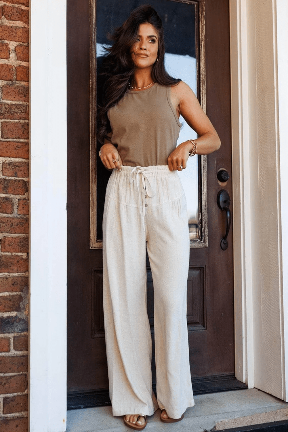 Jet Stream Drawstring Elastic Waist Button Pleated Detail Wide Leg Pants - Crowned Energy CO.