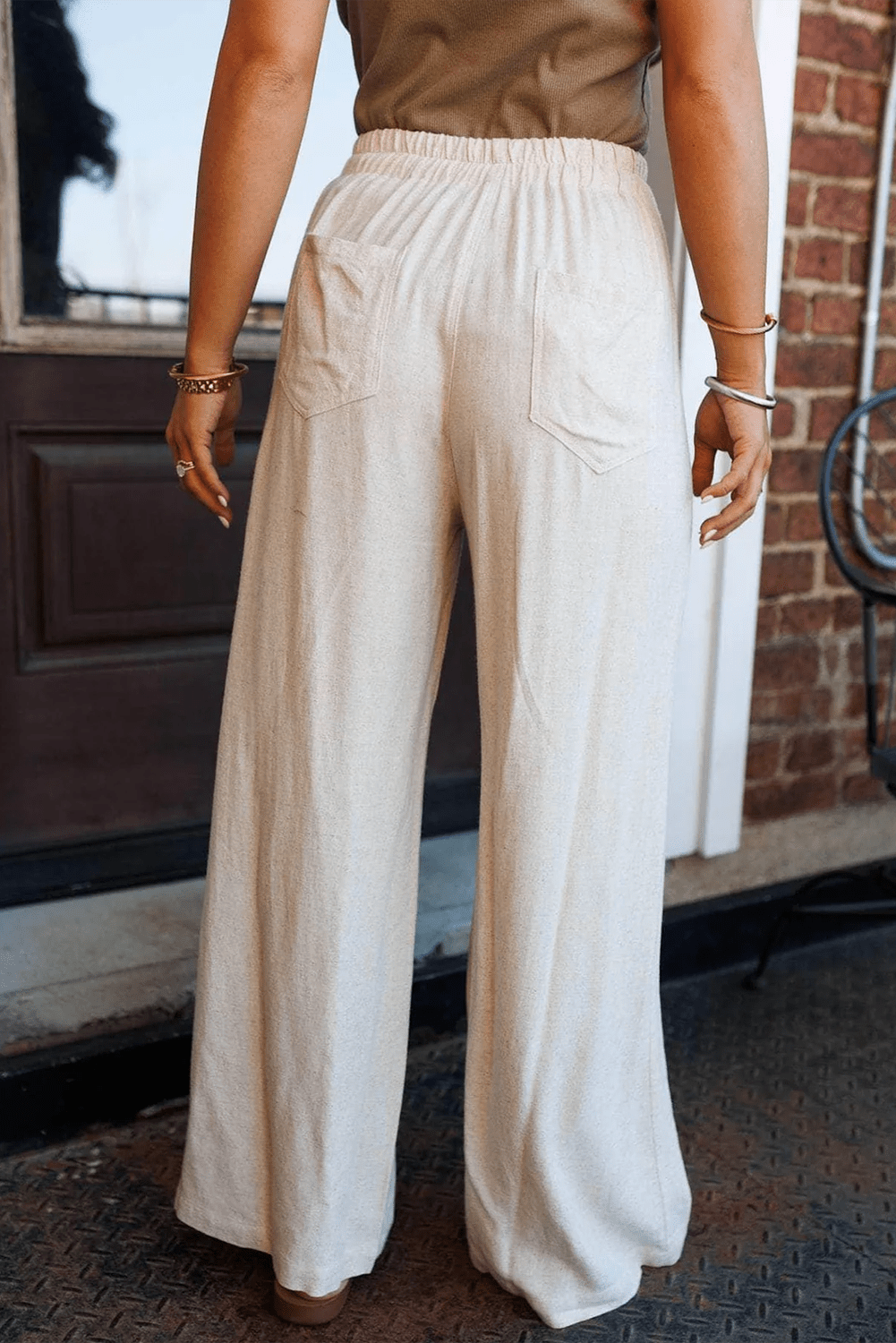 Jet Stream Drawstring Elastic Waist Button Pleated Detail Wide Leg Pants - Crowned Energy CO.