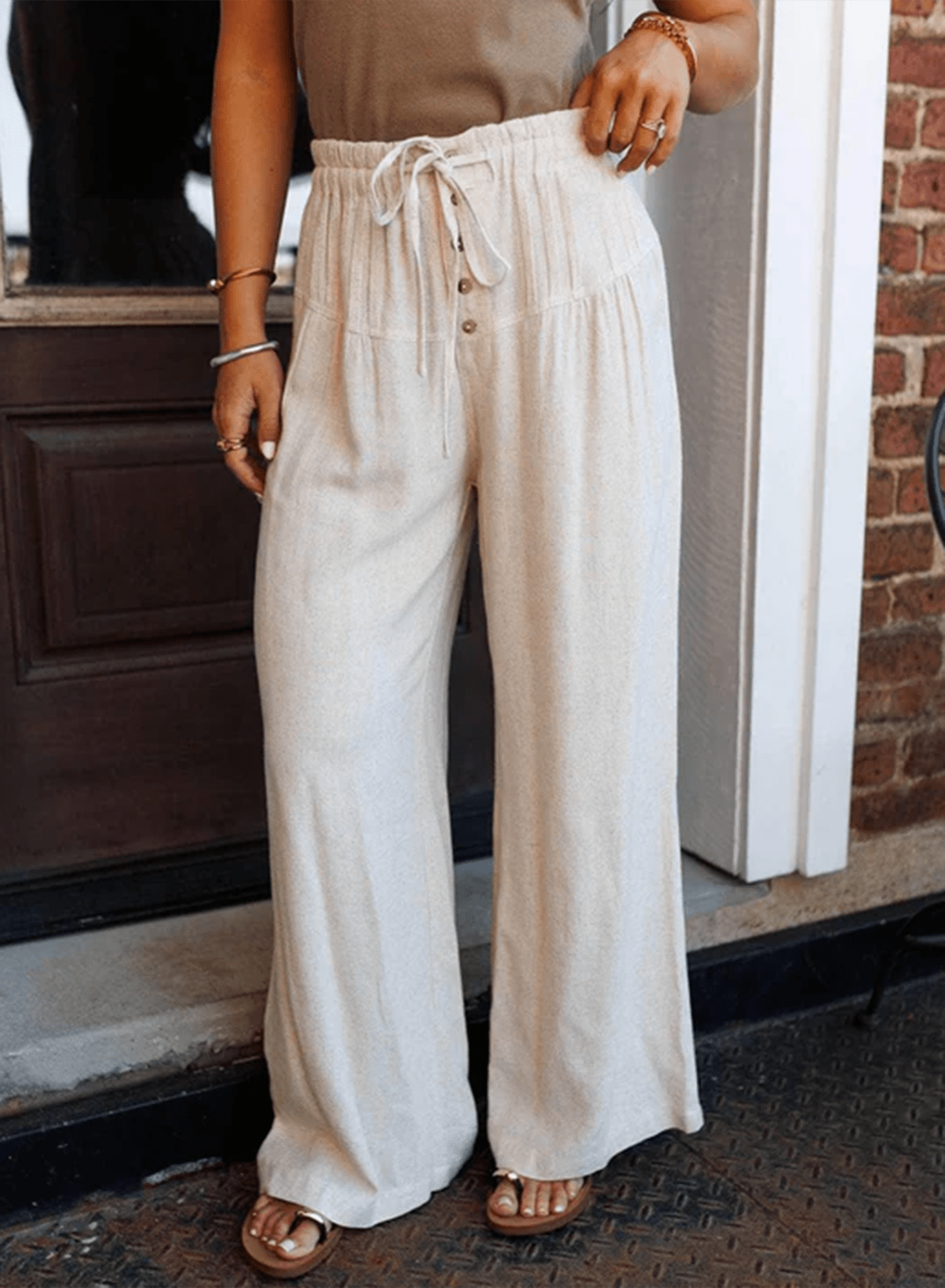 Jet Stream Drawstring Elastic Waist Button Pleated Detail Wide Leg Pants - Crowned Energy CO.