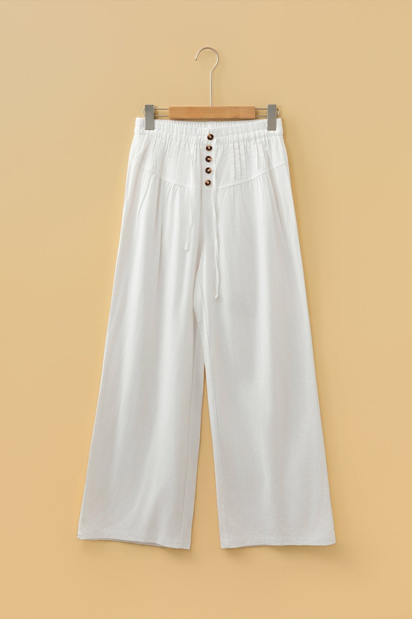 Jet Stream Drawstring Elastic Waist Button Pleated Detail Wide Leg Pants - Crowned Energy CO.