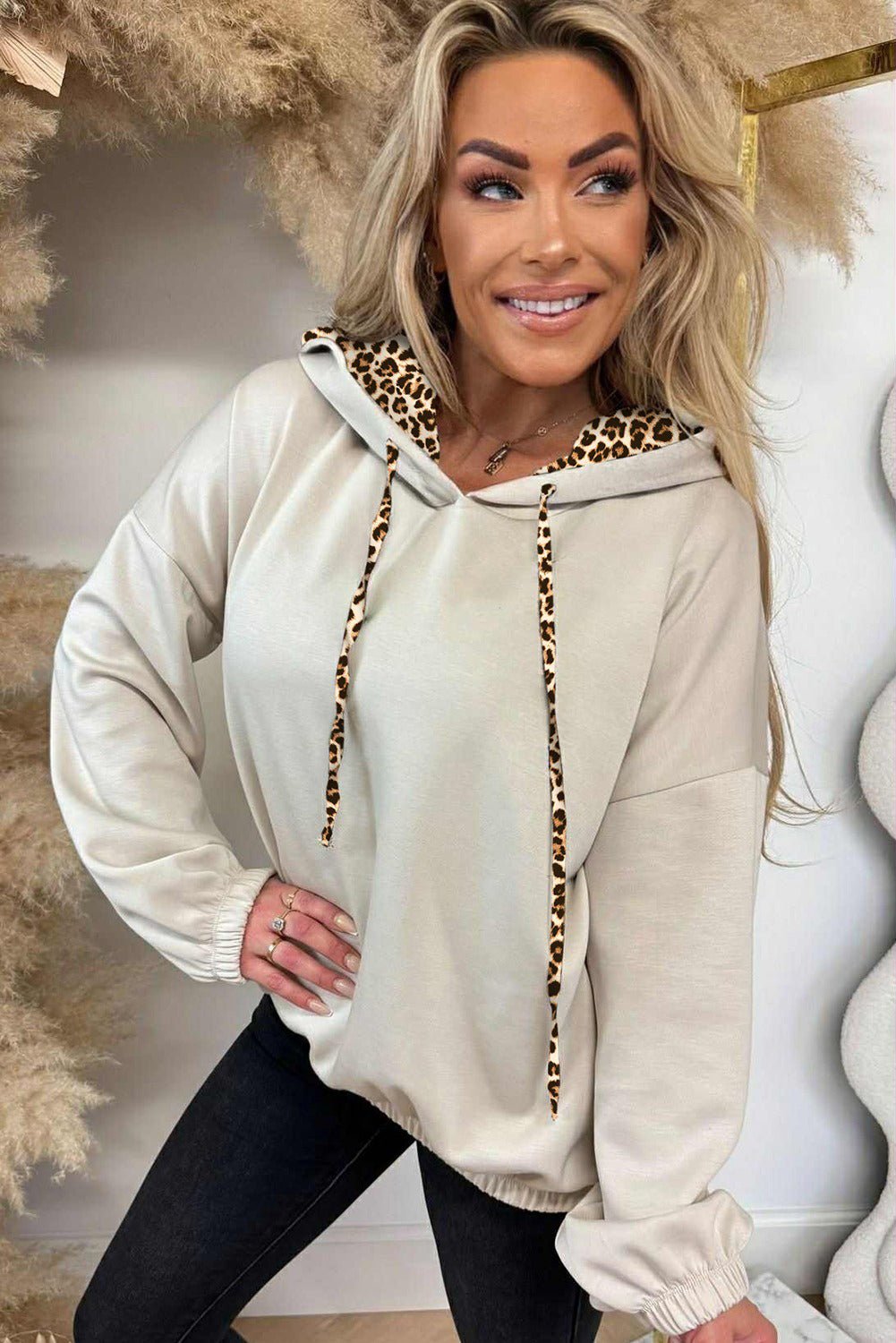 Jet Stream Leopard Contrast Drawstring Hood Drop Shoulder Loose Top - Crowned Energy CO.