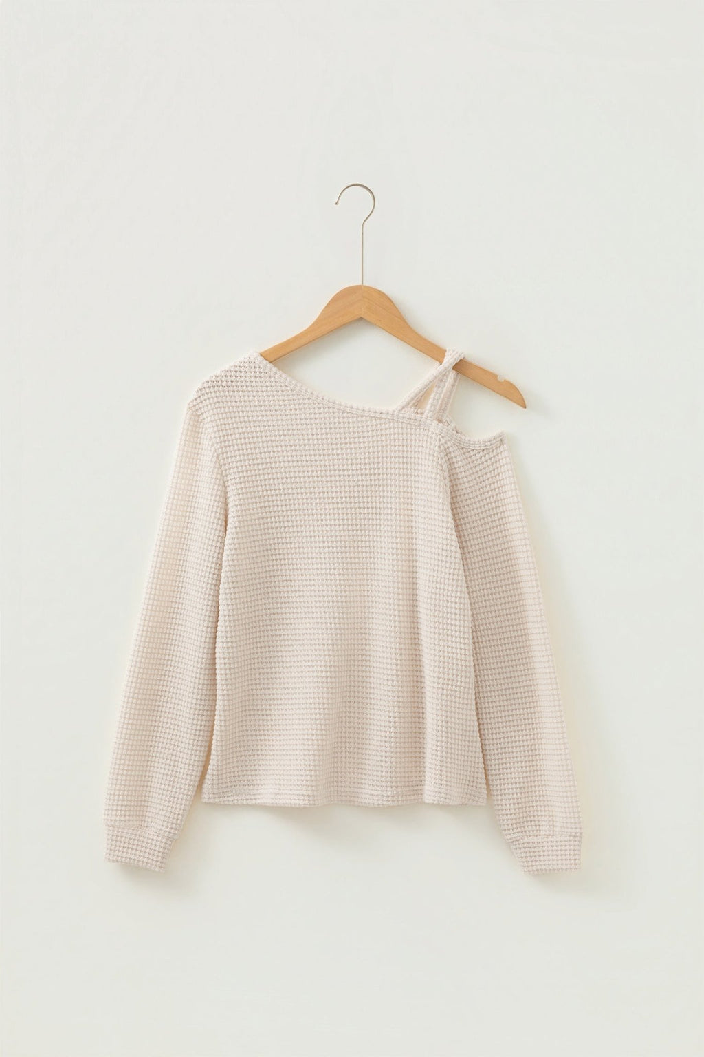 Jet Stream Solid Color Textured Knit Asymmetric Shoulder Long Sleeve Top - Crowned Energy CO.