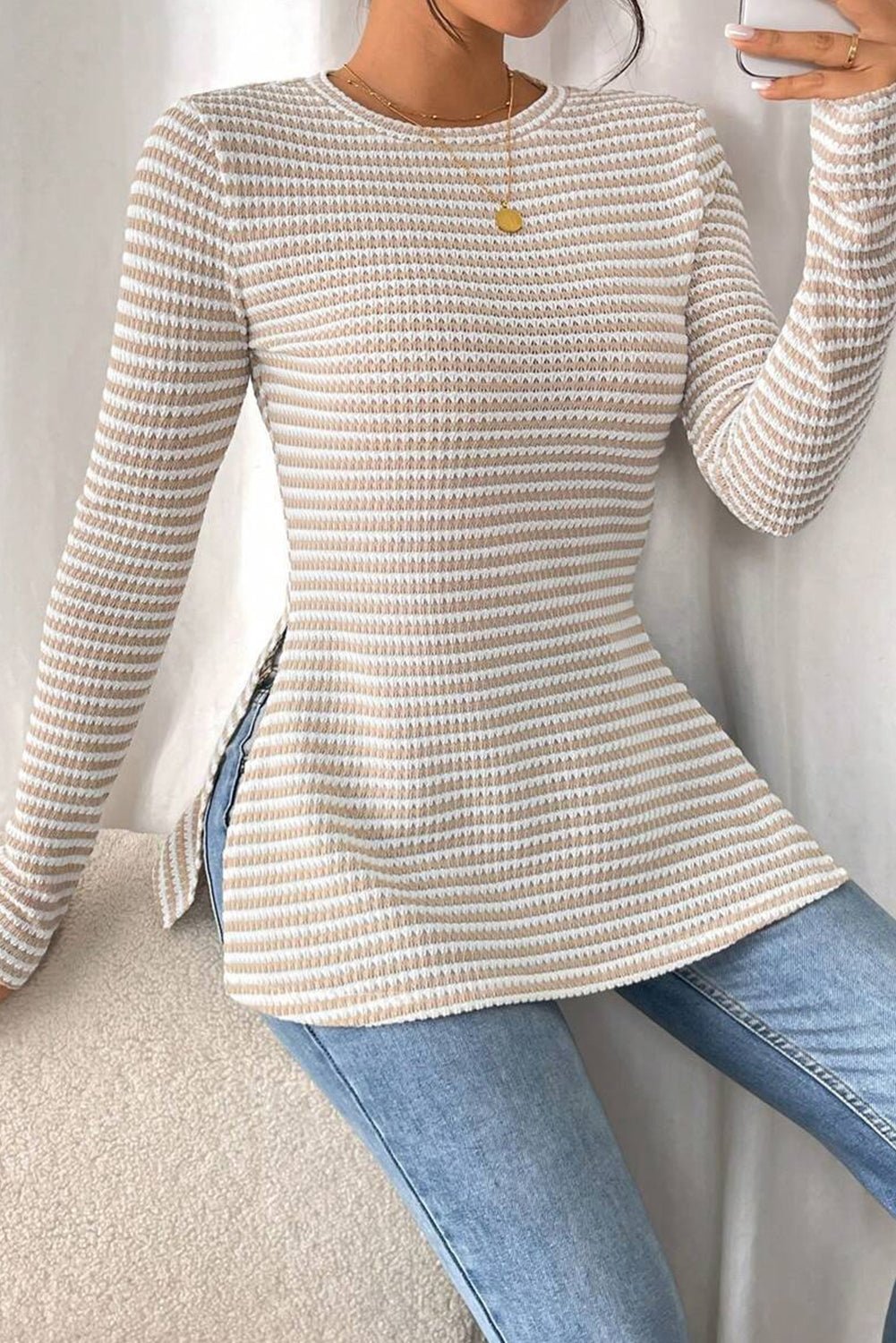 Jet Stream Striped Knit Side Slit Slim Round Neck Tunic Top - Crowned Energy CO.